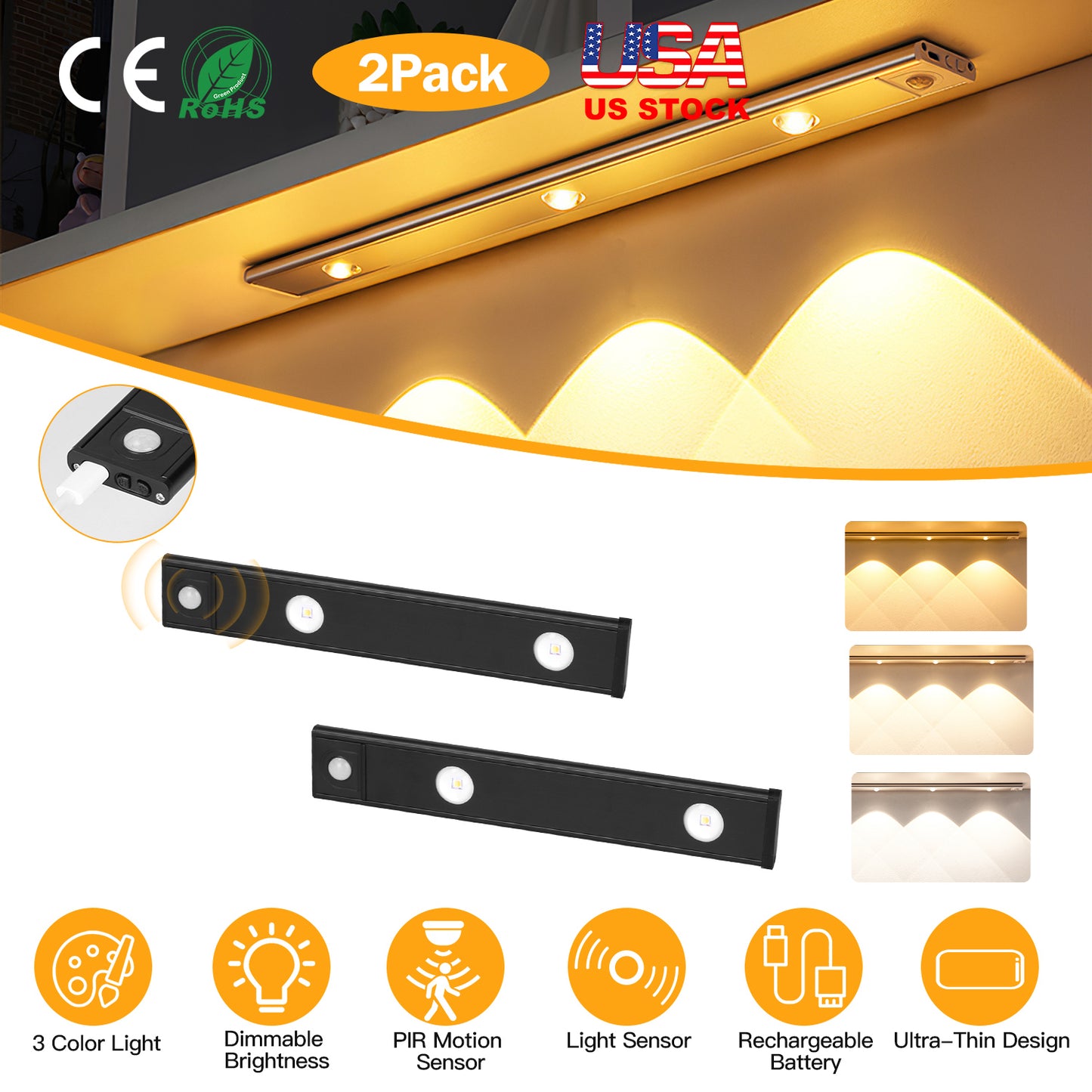 Rechargeable Motion Sensor Cabinet Light 2-Pack with 3 Colors