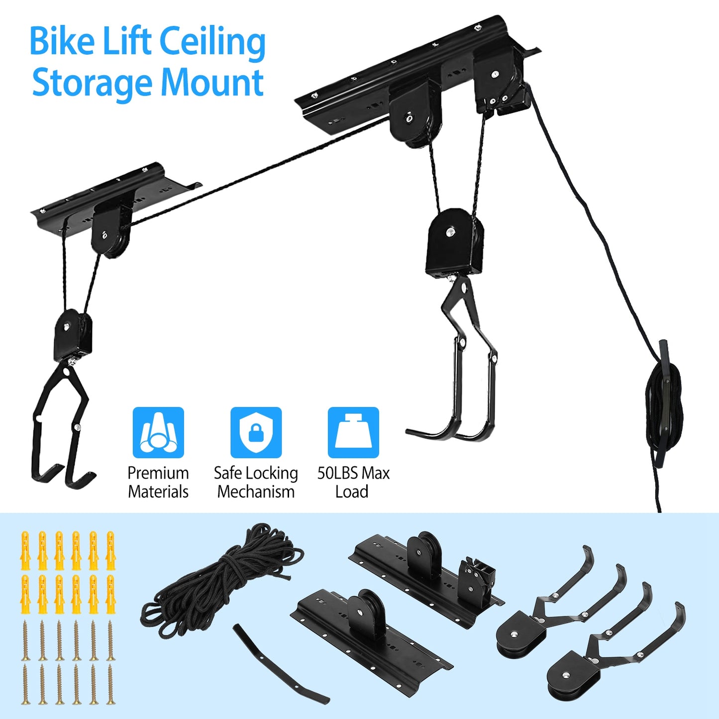 Bike Lift Ceiling Storage Hoist - 50 LB Capacity with Pulley