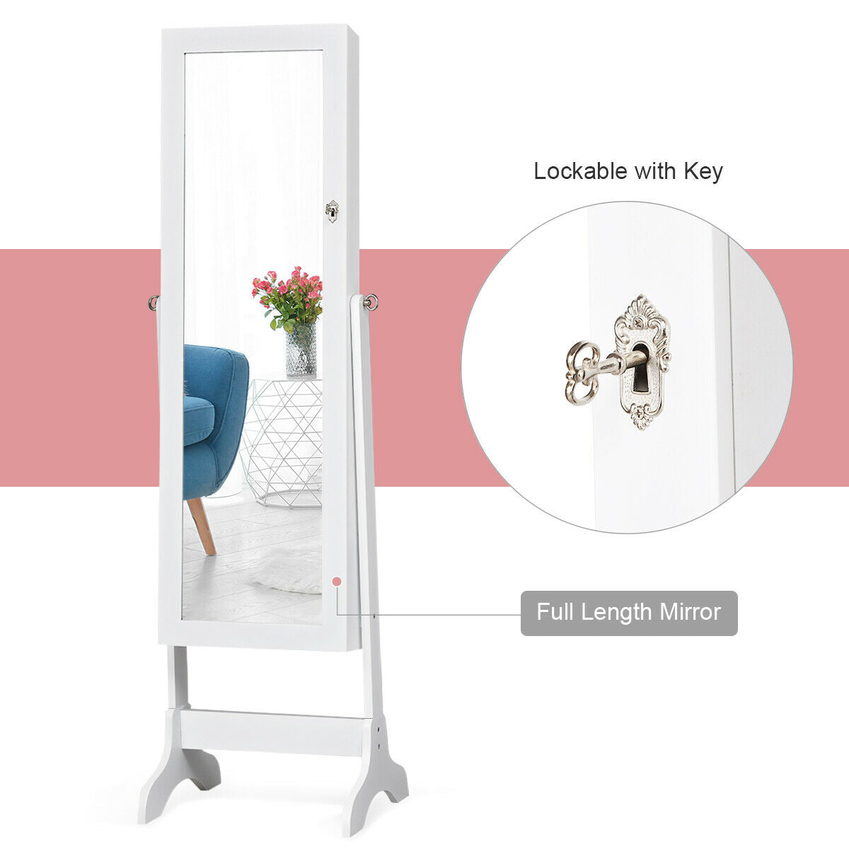 Mirrored Jewelry Armoire Cabinet with Lock - Full Length