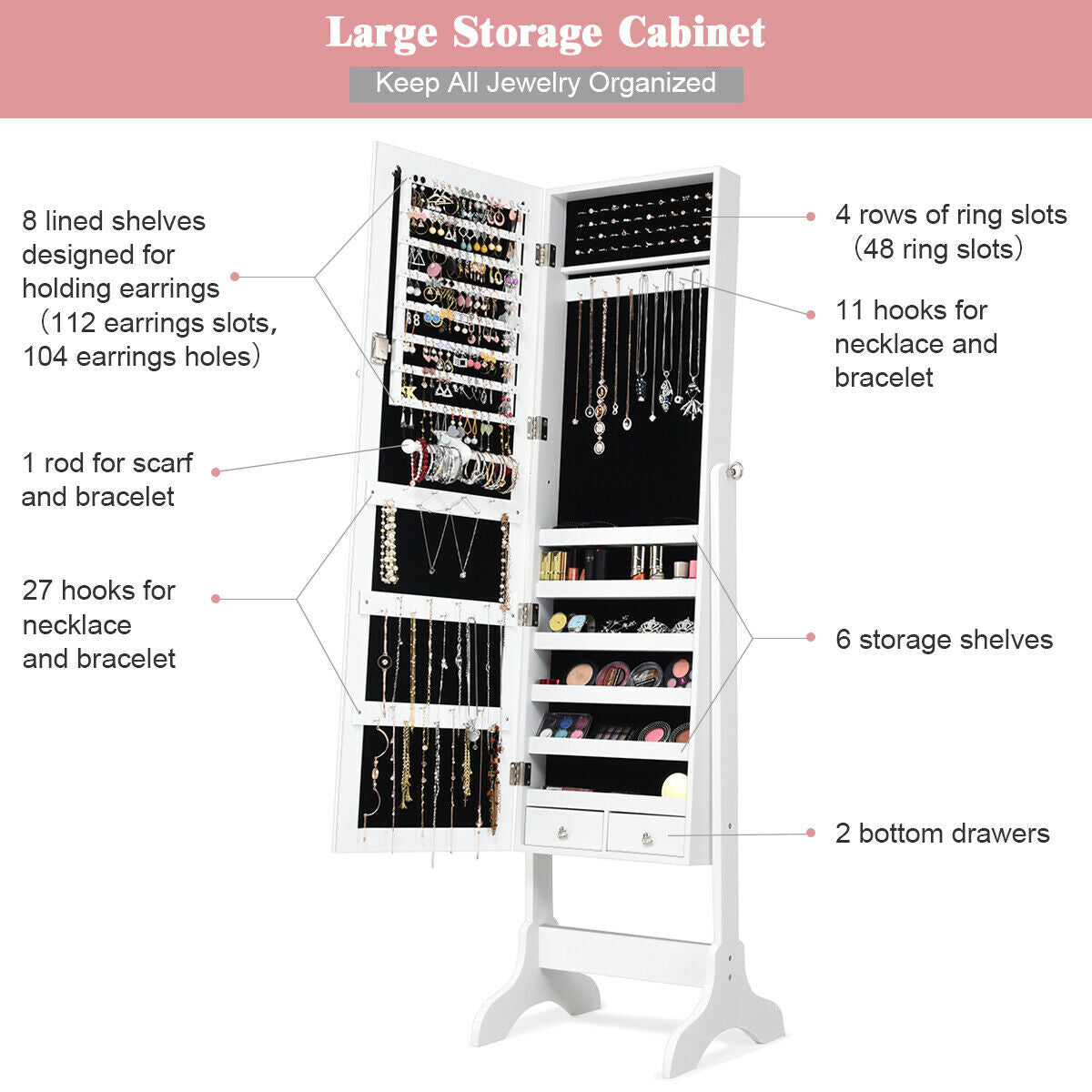 Mirrored Jewelry Armoire Cabinet with Lock - Full Length
