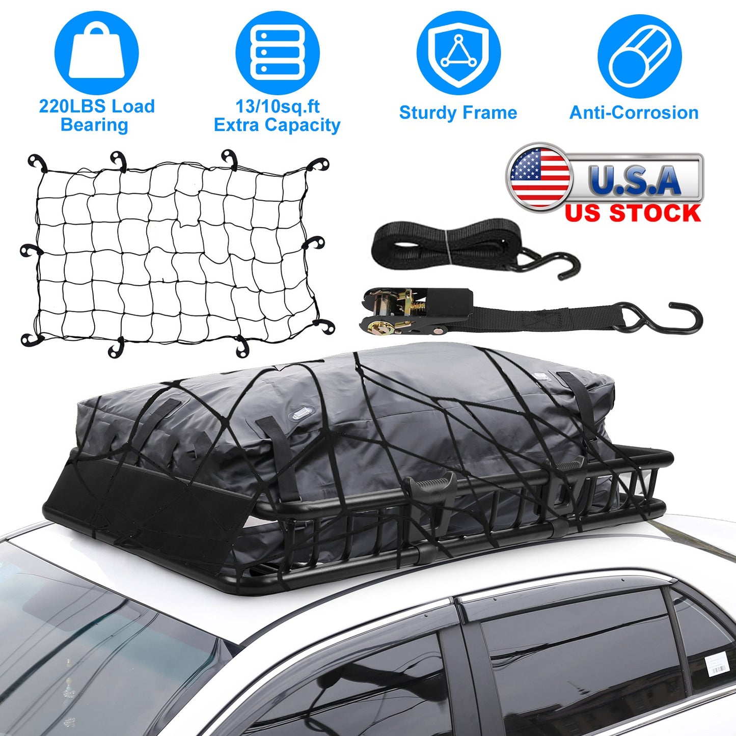 Roof Rack Cargo Carrier 63x39in with Net & Straps