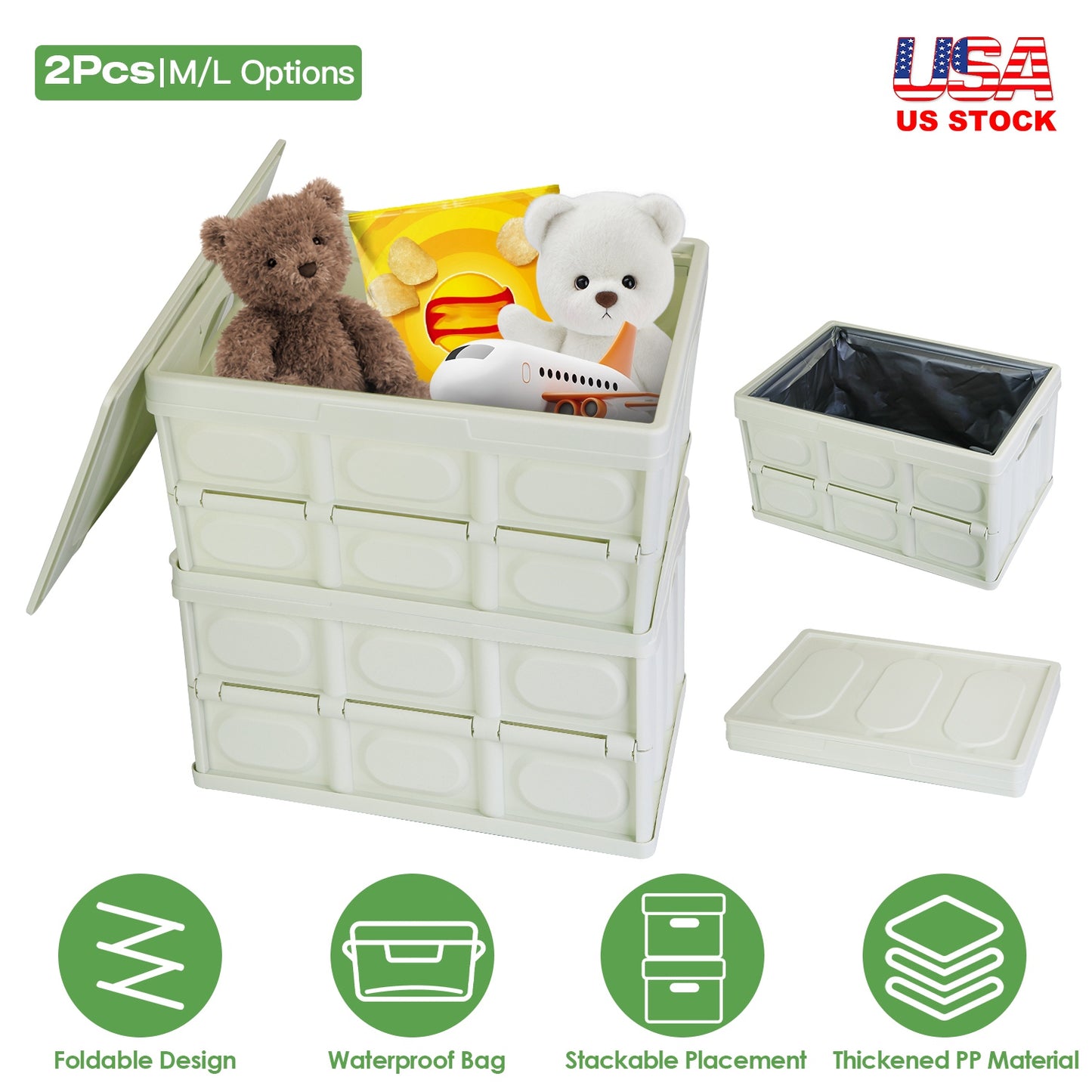 Collapsible Storage Bins with Lids - 2 Pack Stackable Organizer