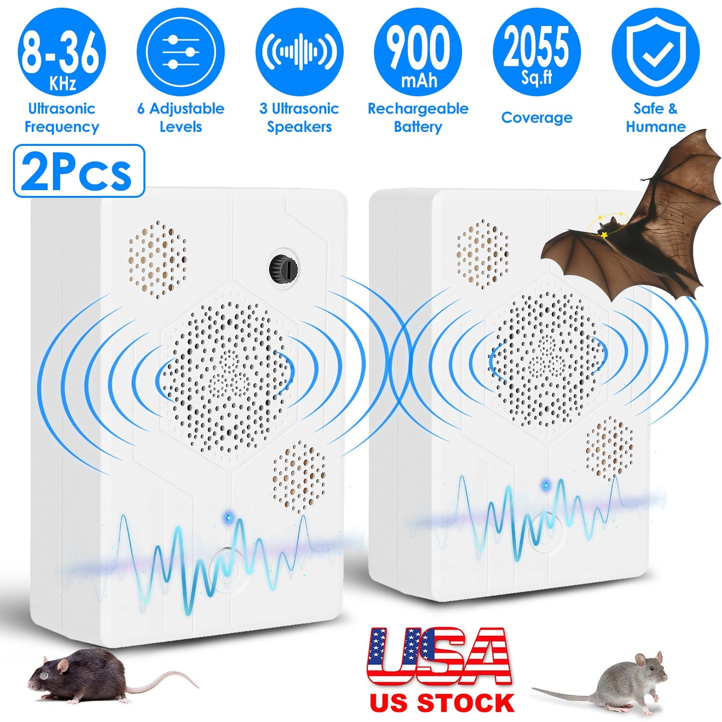 Ultrasonic Pest Repeller 2-Pack Rechargeable Bat Bird Mouse
