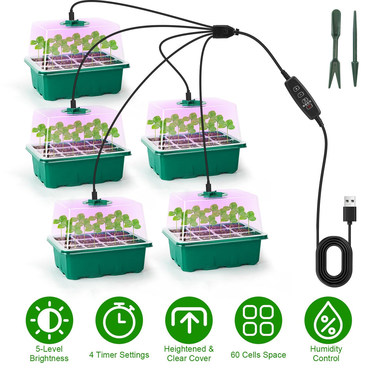 5Packs Seed Starter Tray With Grow Light Humidity Dome Germination Kit with 5-Level Brightness 4 Timers for Indoor Greenhouse