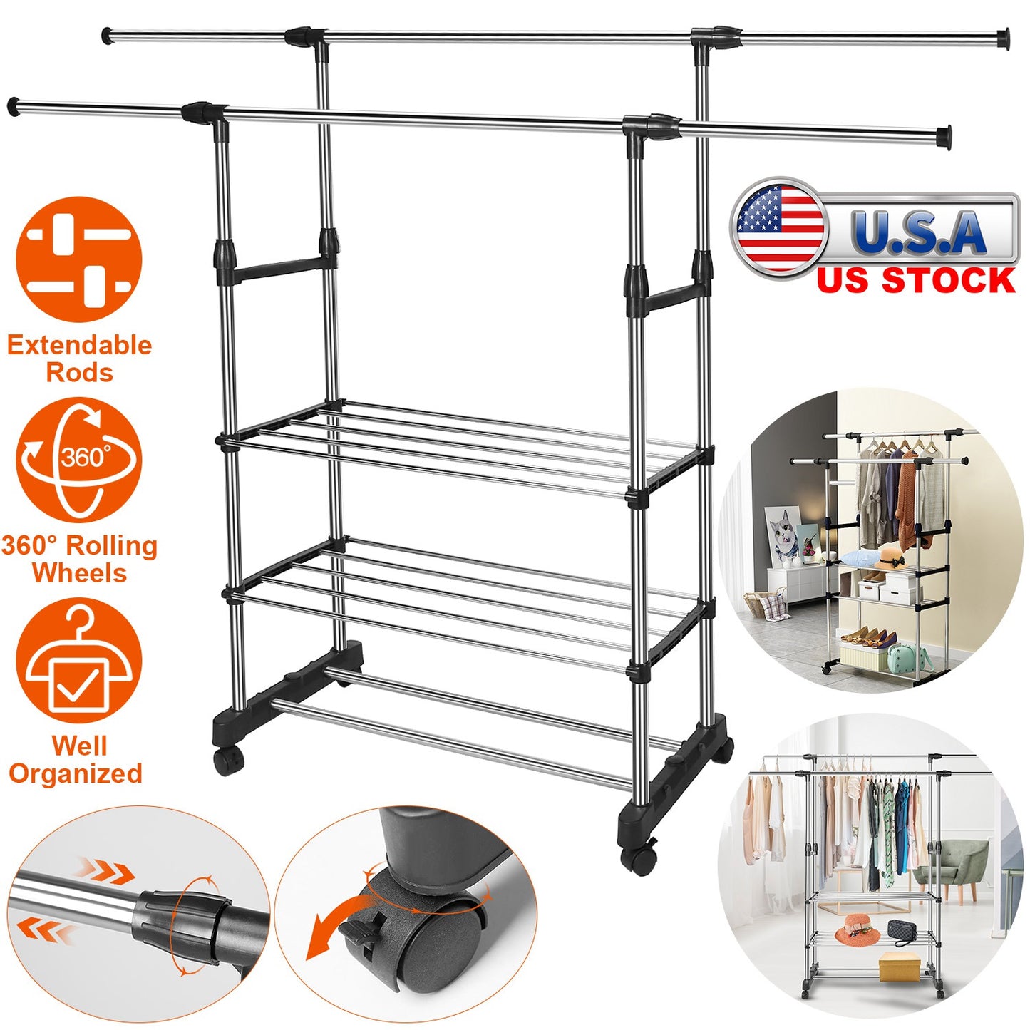 Extendable Garment Rack with Wheels - Adjustable Clothing Rail