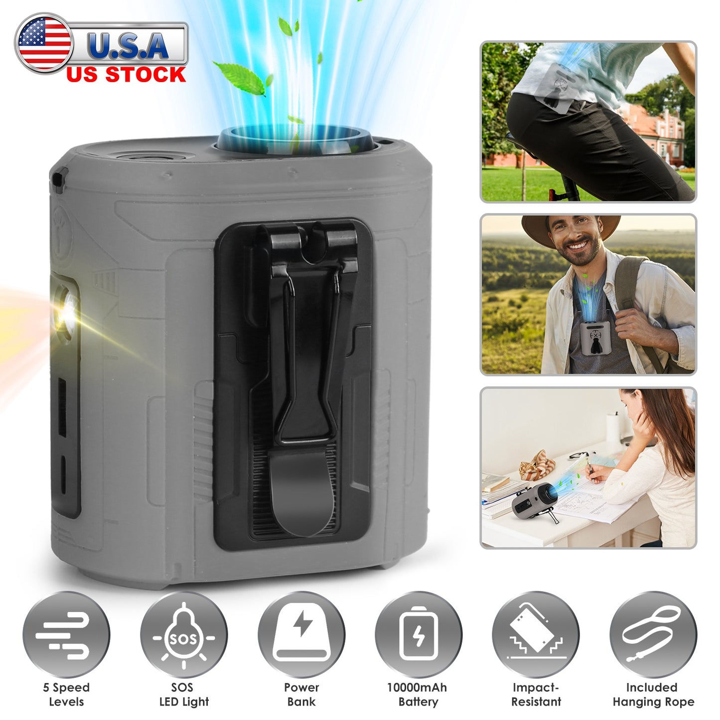Portable Waist Clip Fan 5-in-1 with 10000mAh Power Bank