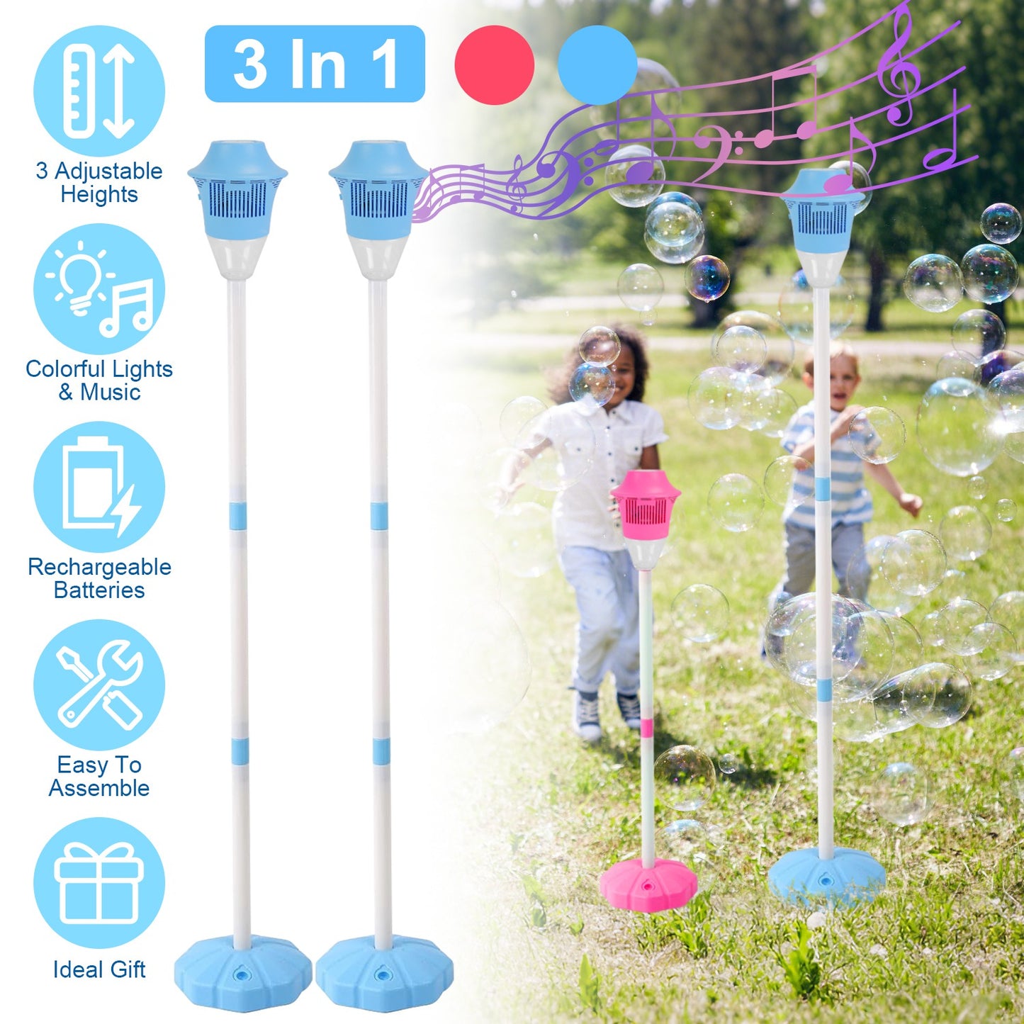 Standing Bubble Machine with Lights & Music - 3 Heights