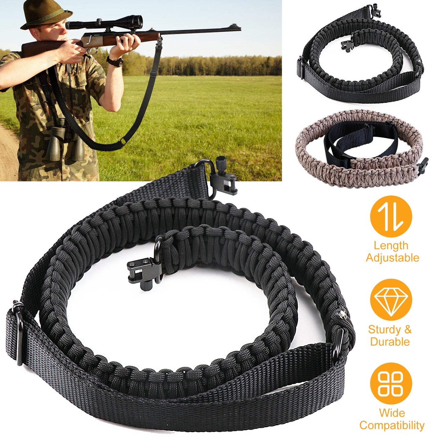 Adjustable Tactical Paracord Rifle Sling with Dual Swivels