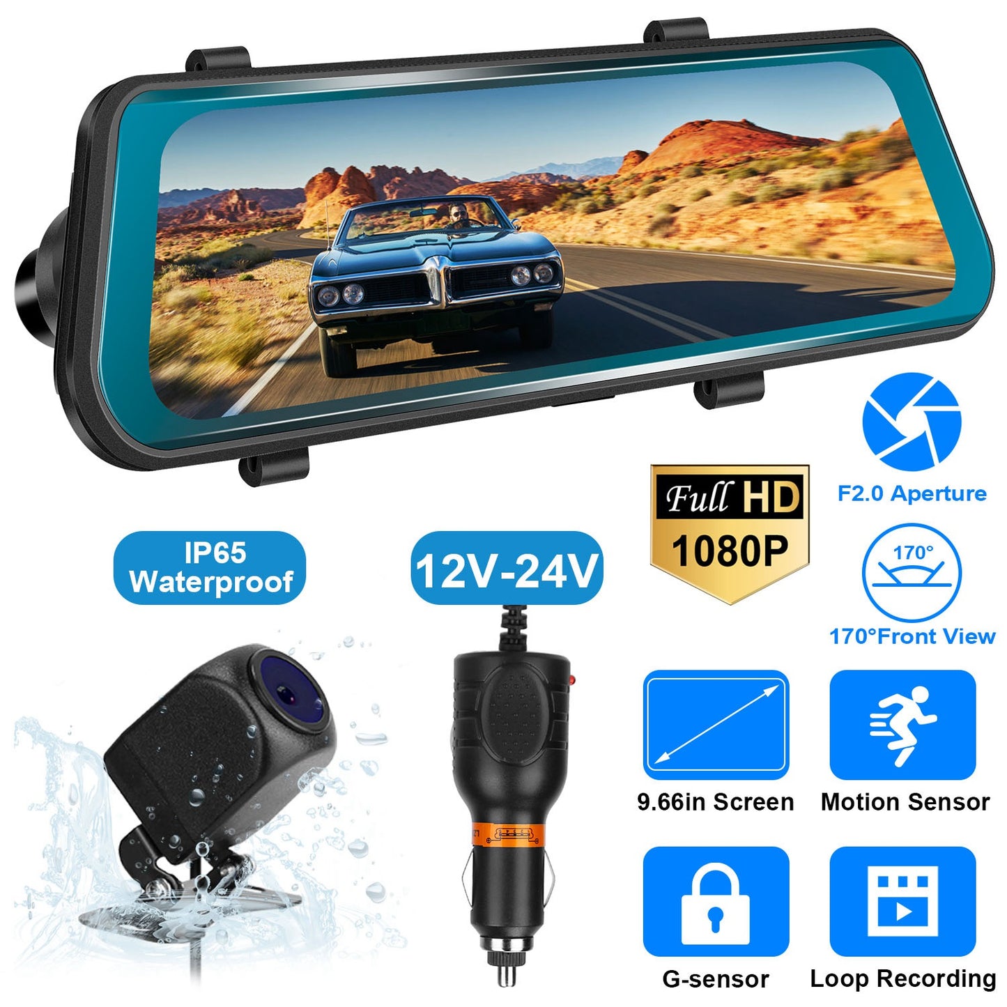 Dual Dash Camera 9.66" FHD 1080P Front & Rear with Night Vision