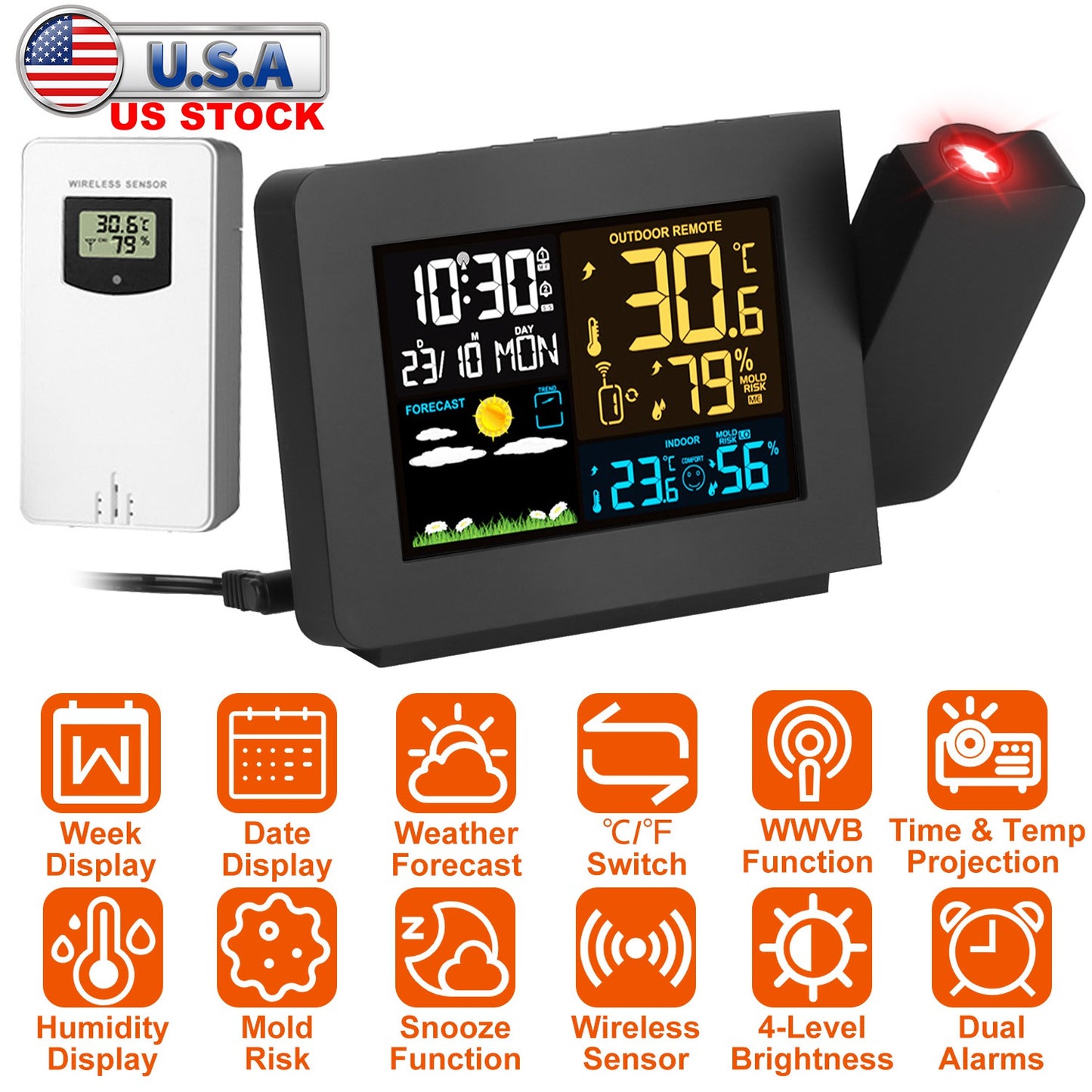 Atomic Projection Alarm Clock with Weather Station & Dual Alarms