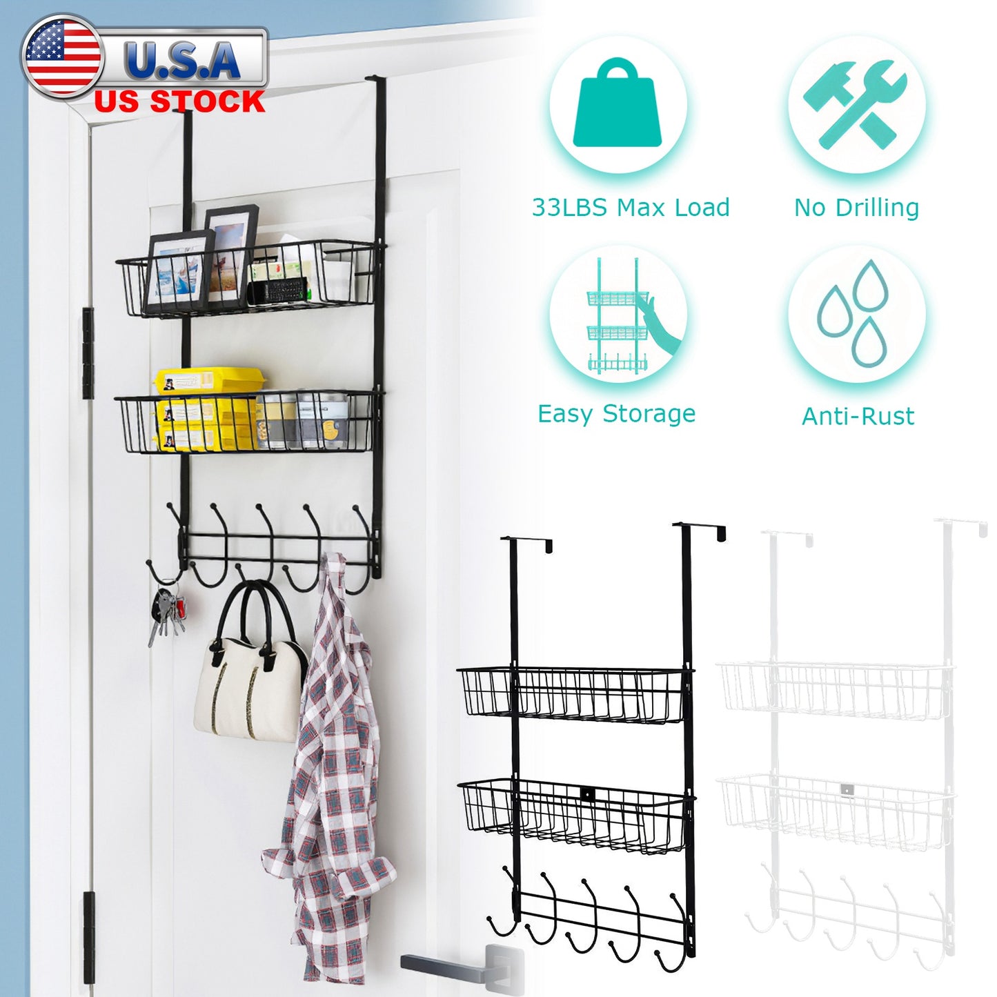 Over The Door Organizer with 5 Hooks and 2 Metal Baskets