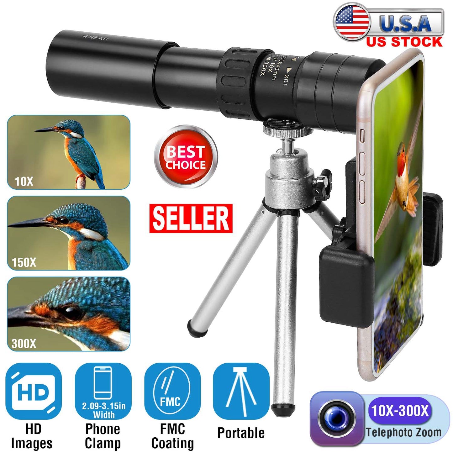 Monocular Telescope 10X-300X Zoom with Phone Holder & Tripod