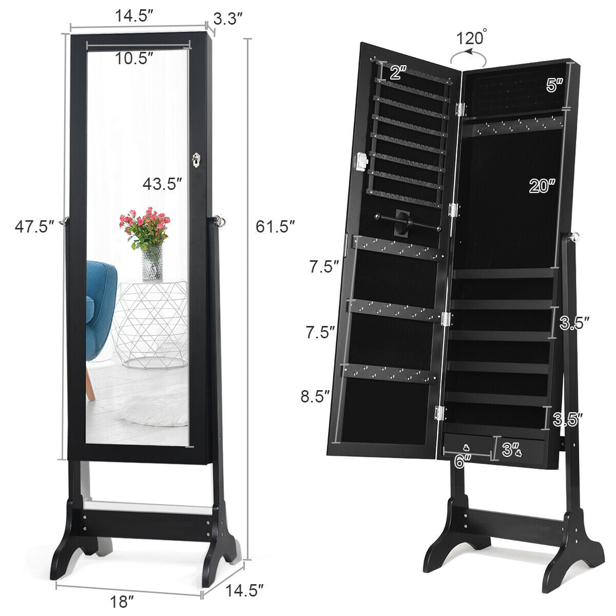 Mirrored Jewelry Armoire Cabinet with Lock - Full Length