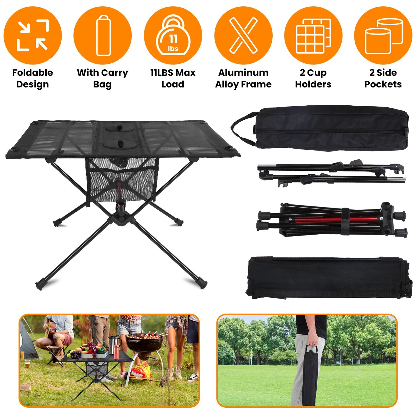 Folding Camping Table with Cup Holders & Carry Bag