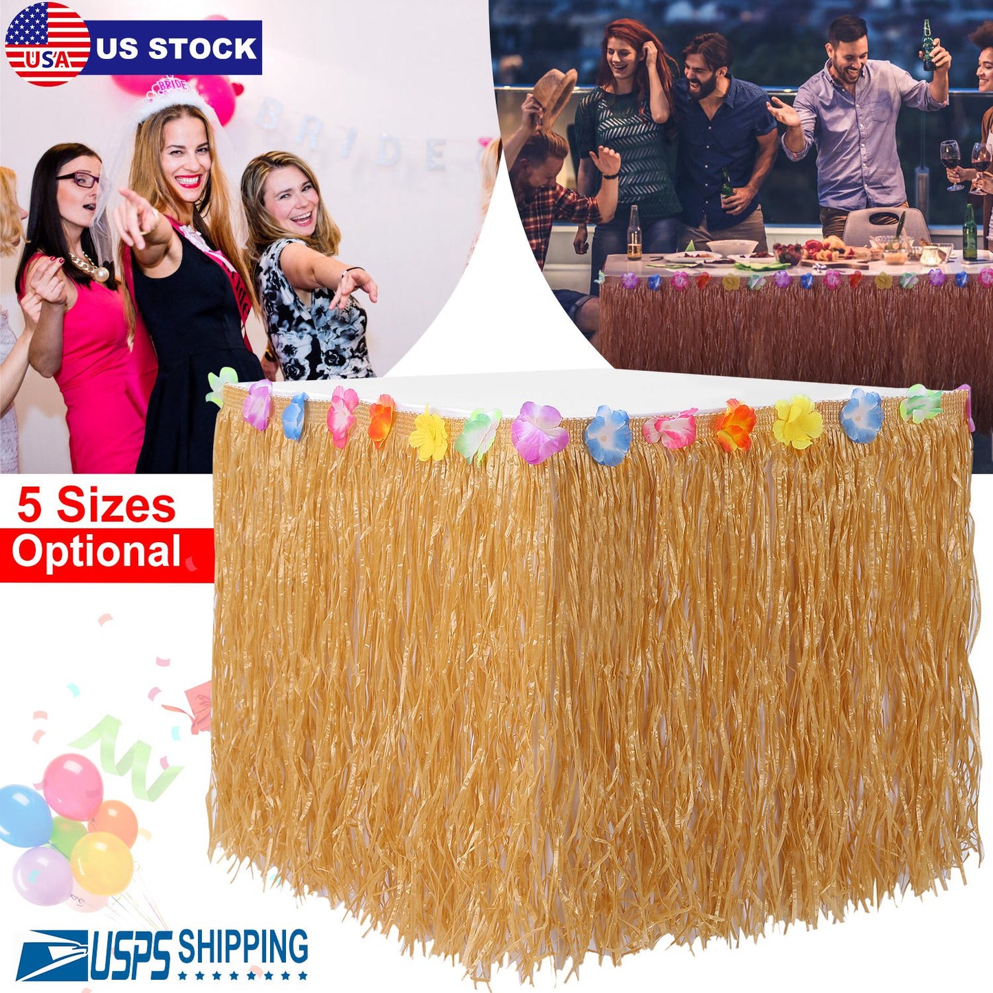 Grass Table Skirt with Hibiscus Flowers for Luau Party