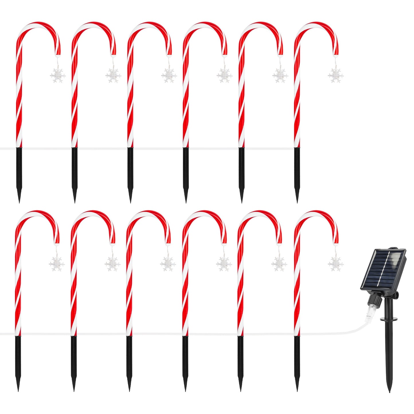 Solar Candy Cane Christmas Lights - 12 Canes, 72 LEDs, 8 Modes