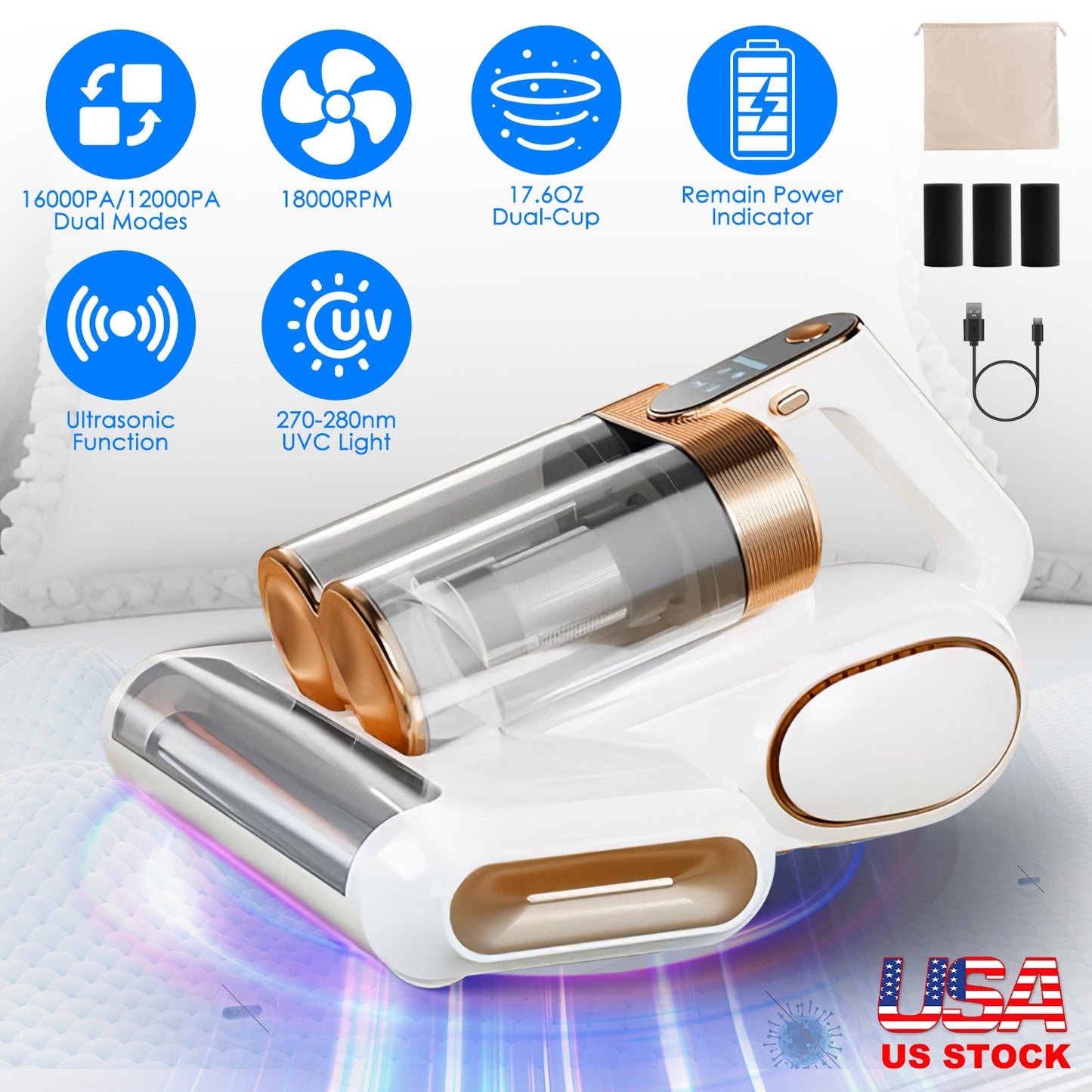 Mattress Vacuum Cleaner with UV Light & 16KPA Suction