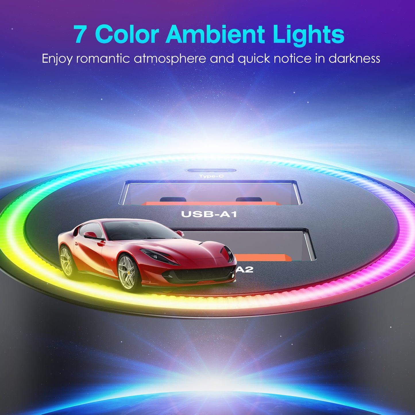 90W Fast Car Charger with 3 Ports and Ambient Light
