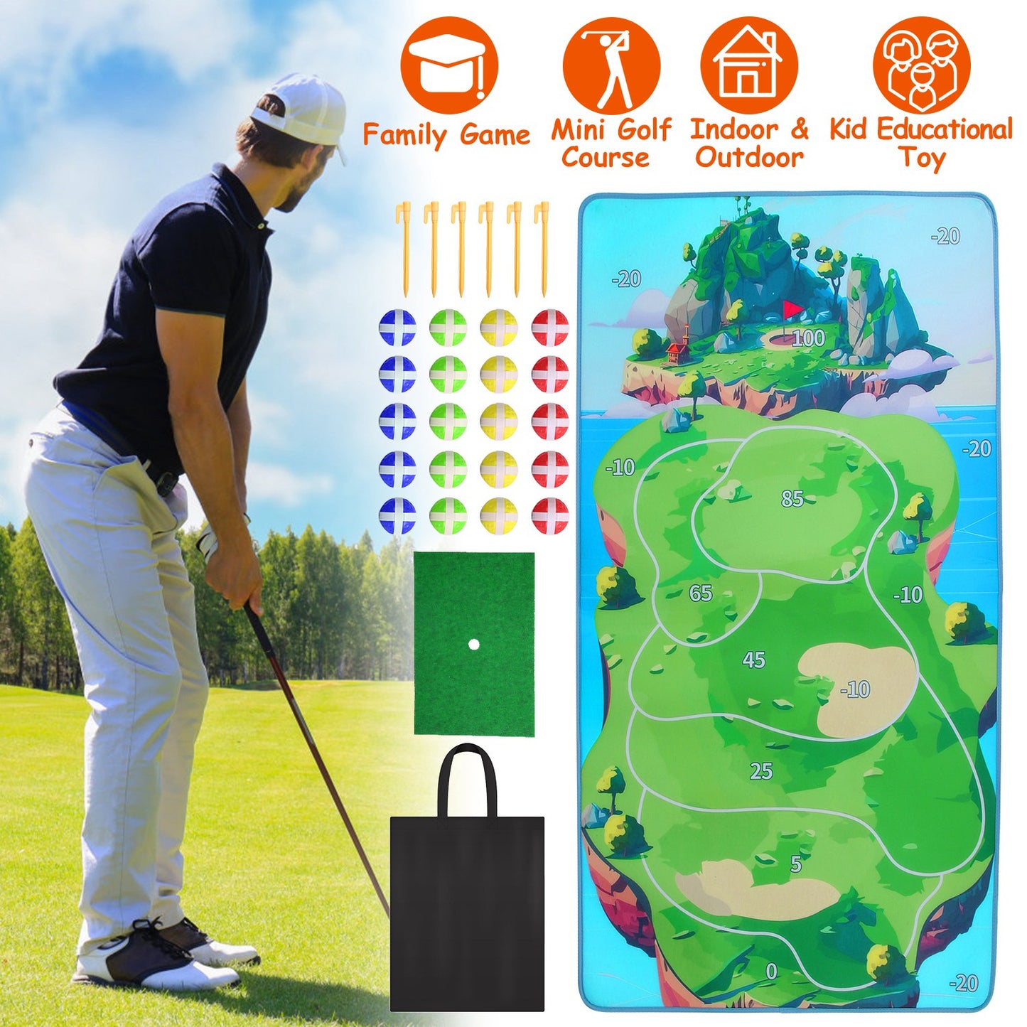 Golf Chipping Game Mat Set with 20 Sticky Balls
