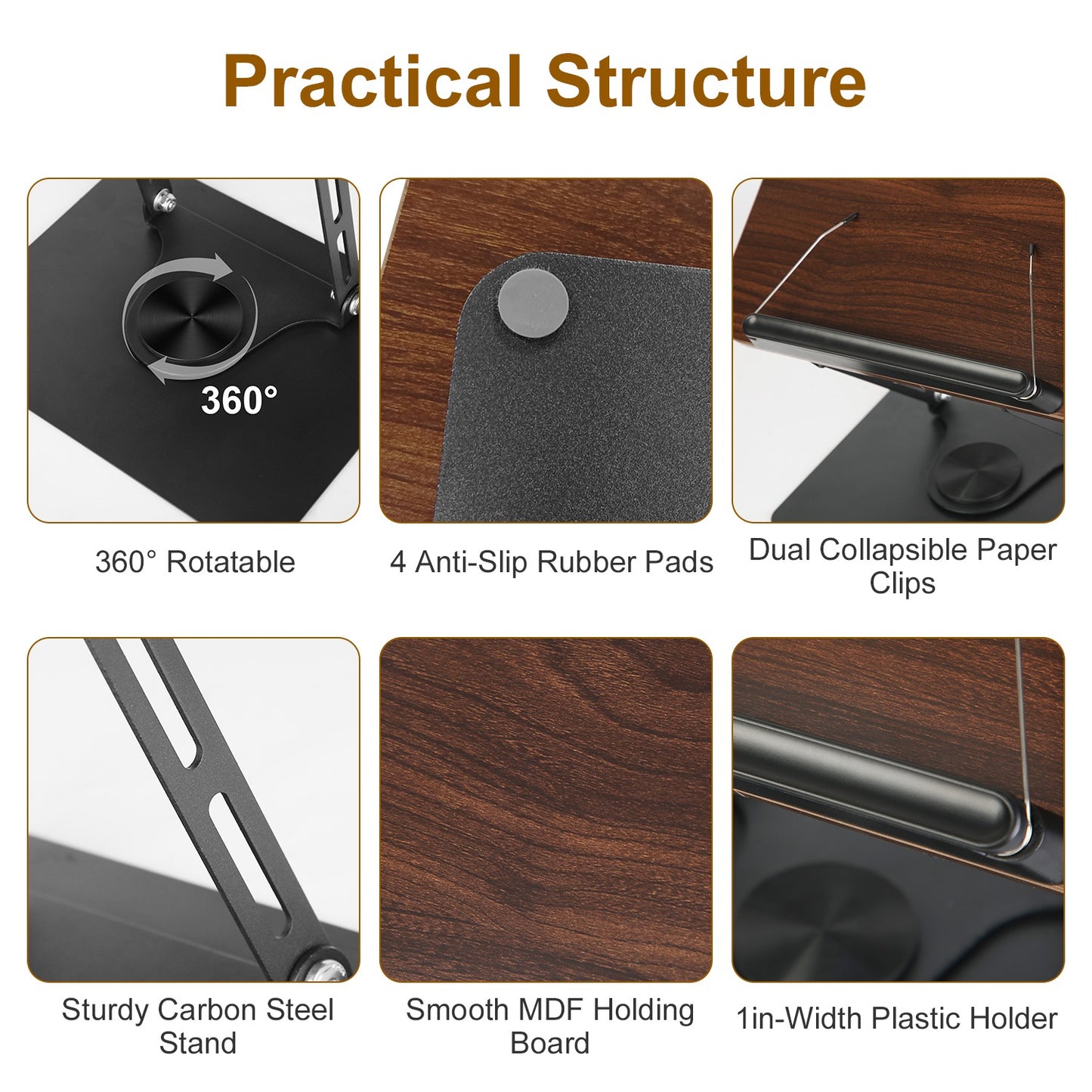 Adjustable Book Stand with 360° Rotatable Base & Paper Clips