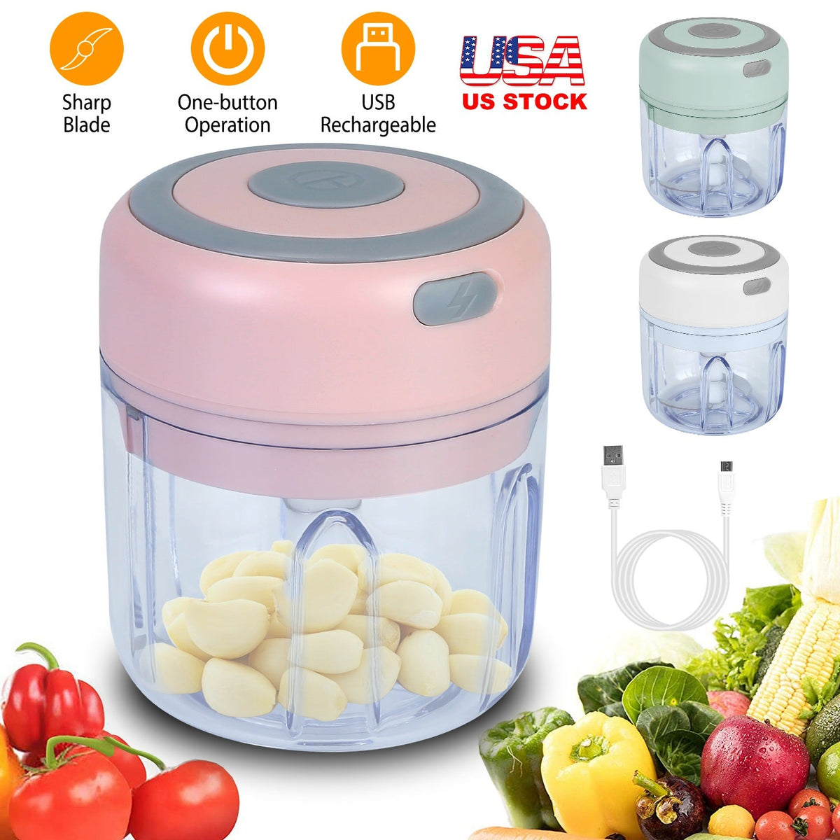 Mini Electric Garlic Chopper 8.45OZ Cordless Garlic Mincer Food Chopper Rechargeable Food Blender Chili Nut Onion Pepper Meat Ginger Baby Food