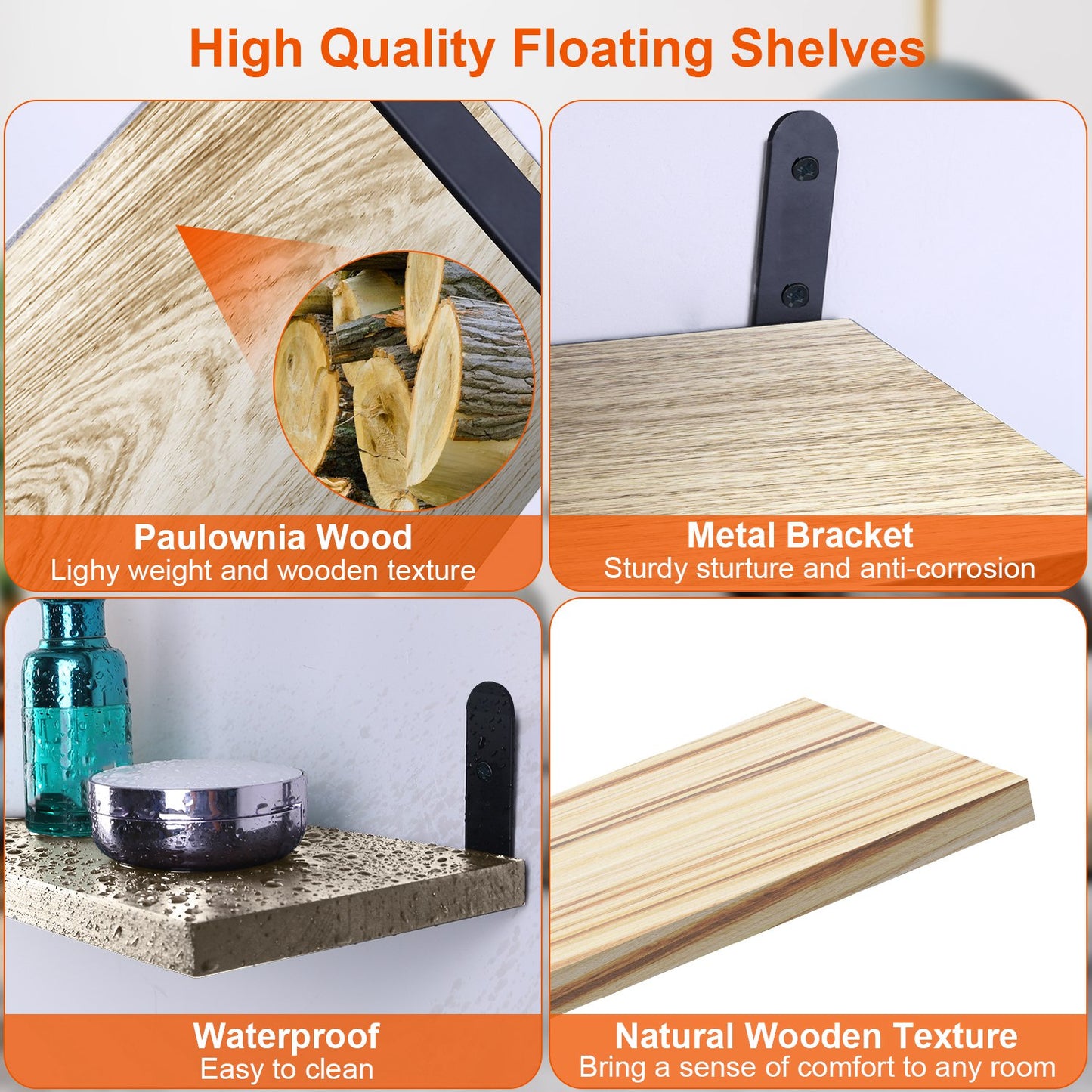 Floating Wall Shelves Set of 6 - Wood & Metal Storage Organizer