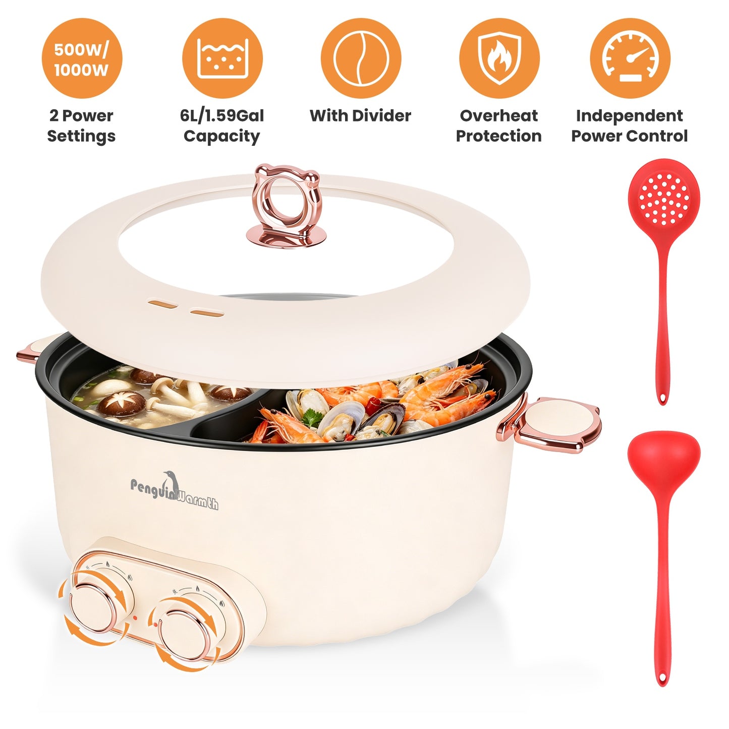 Electric Hot Pot with Divider 6L Dual Control 2000W