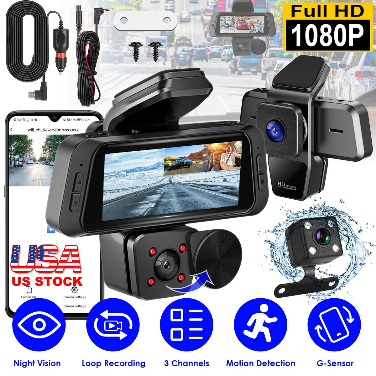 1080P FHD 3 Channel WiFi Dash Cam 170¡ Wide Angle Triple Car Camera With IR Night G-Sensor Motion Detection Loop Recording App Control Support 128G Ma