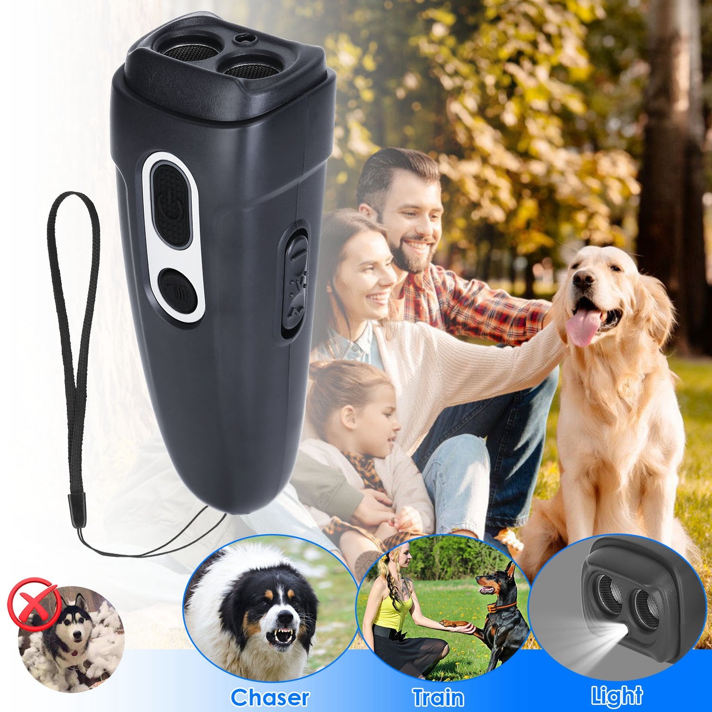 Ultrasonic Dog Barking Deterrent with LED Flashlight