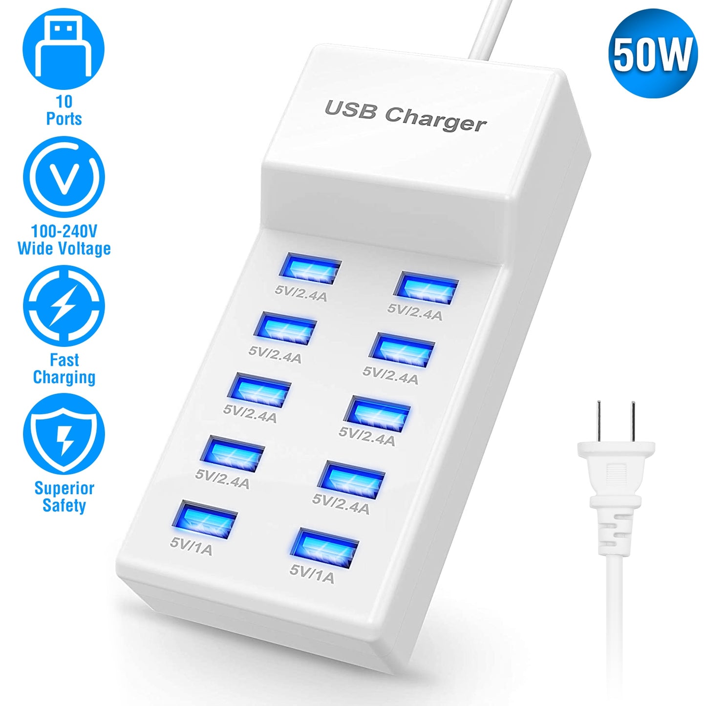 10-Port USB Charging Station Hub 50W Multi-Device Wall Charger