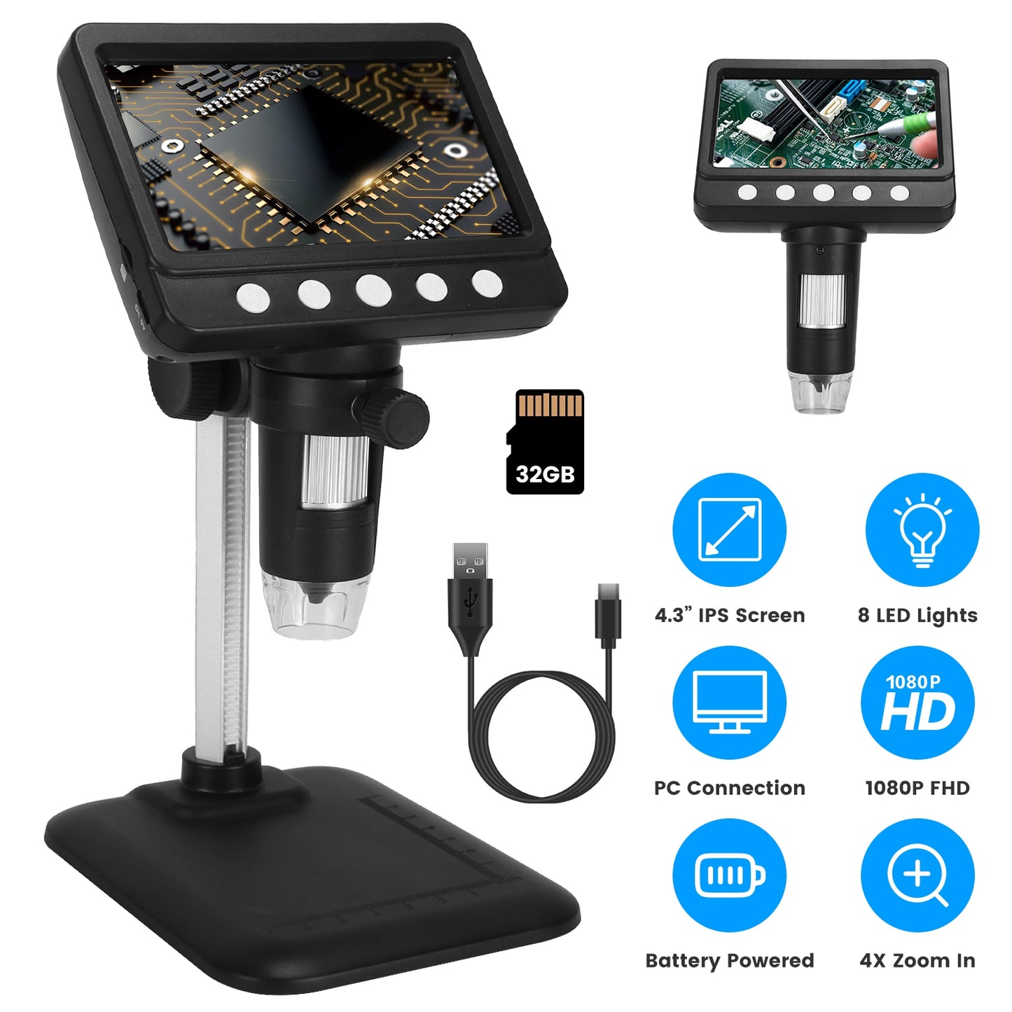 Digital Microscope 1000X with 4.3" LCD Screen and LED Lights