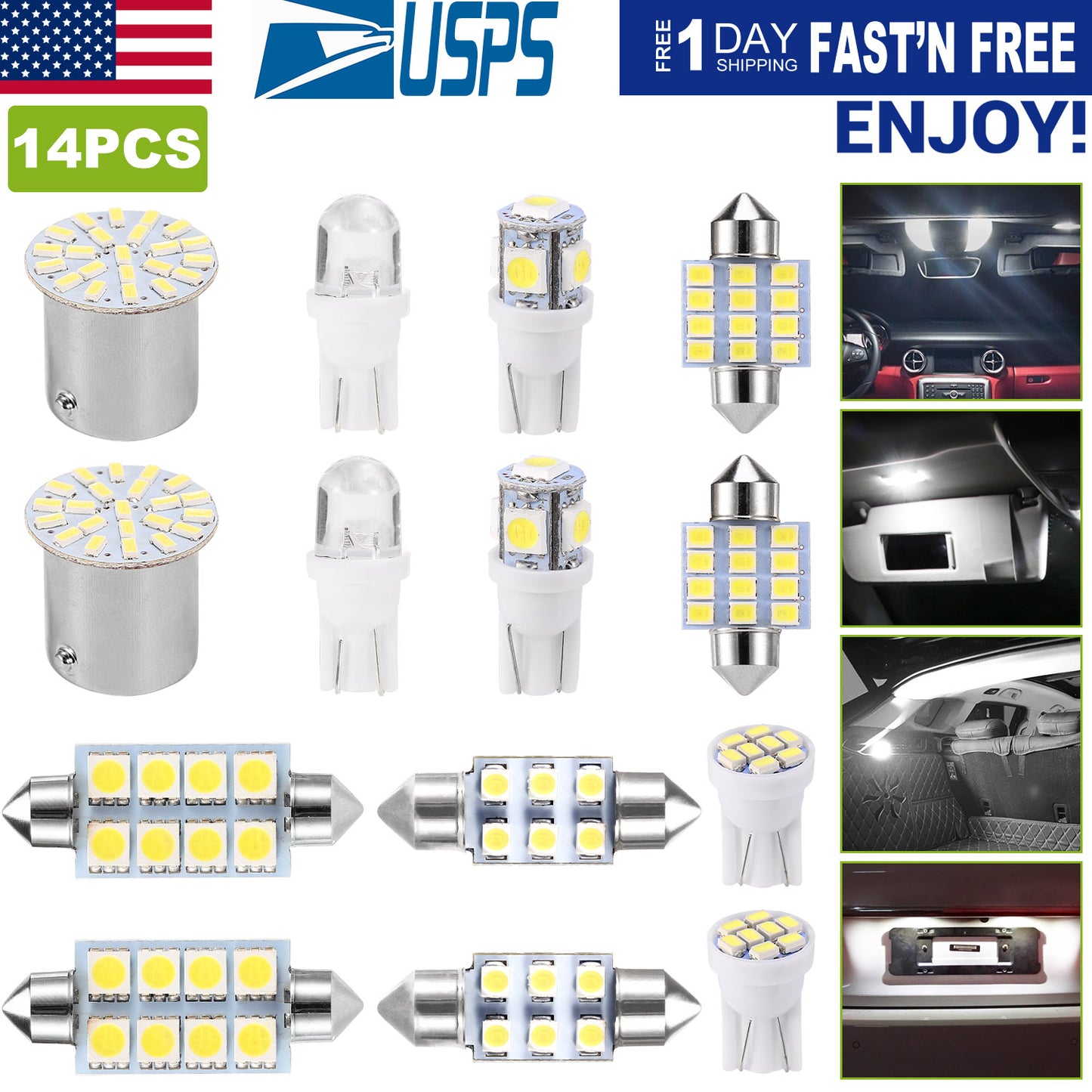 LED Interior Light Bulb Kit for Car - 14 Piece Set, 6000K White