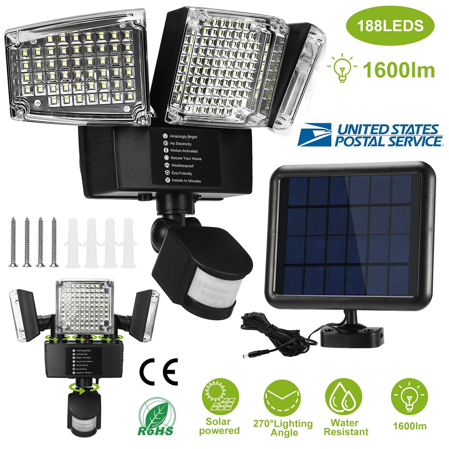 Solar Motion Sensor Light 188 LEDs 1600lm with 3 Rotatable Heads