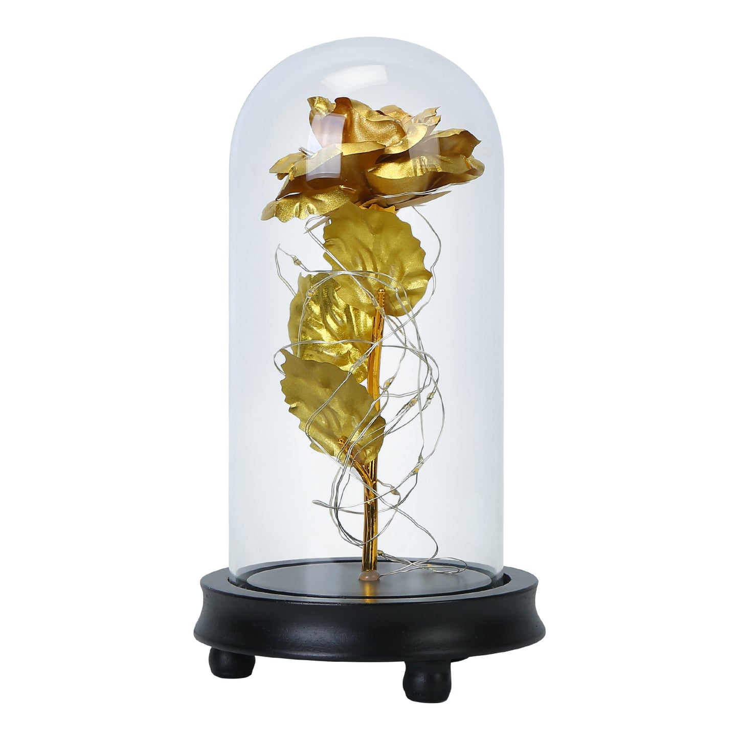 LED Rose in Glass Dome with Fairy Lights - Gold Foil Flower
