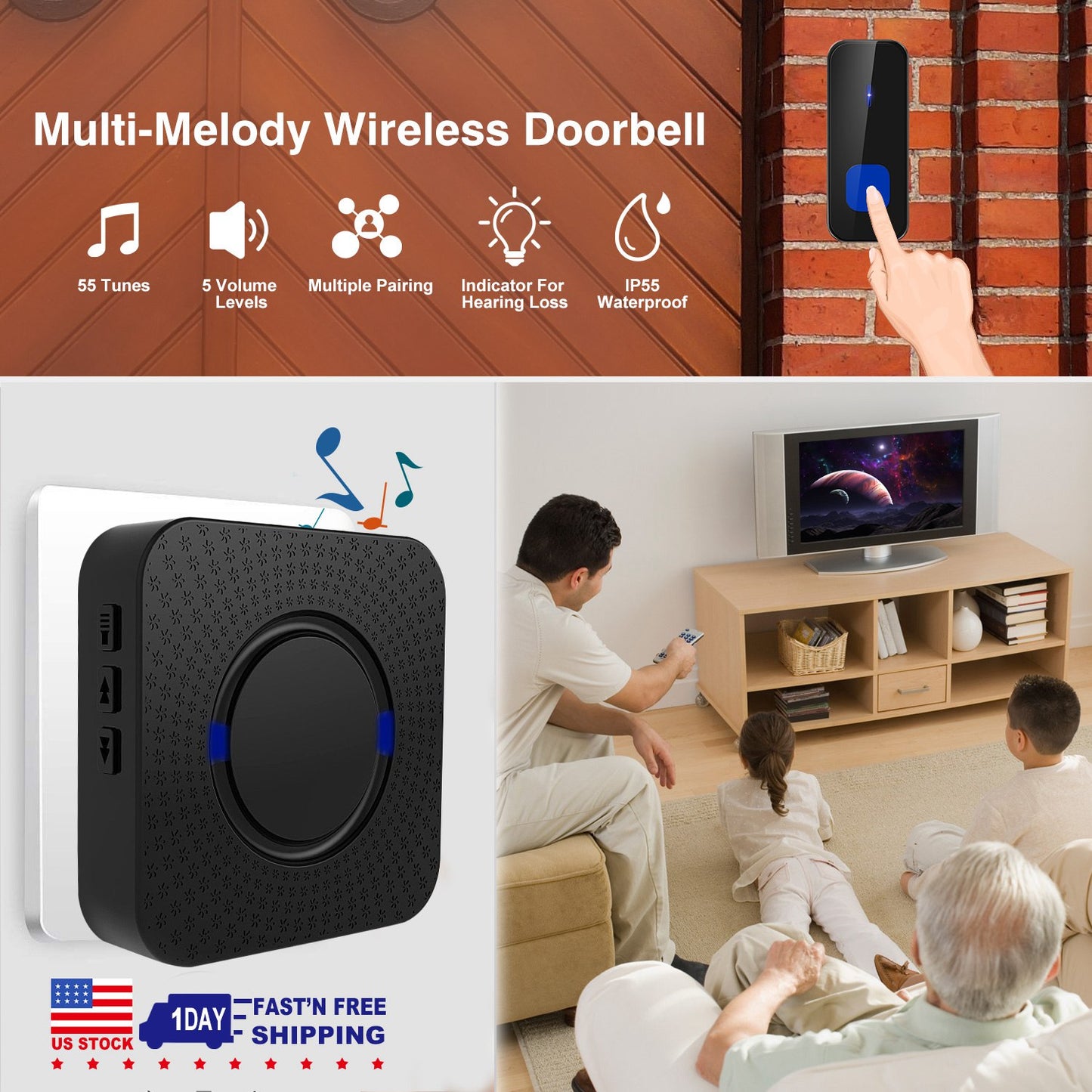Wireless Doorbell with 984ft Range & 55 Chimes