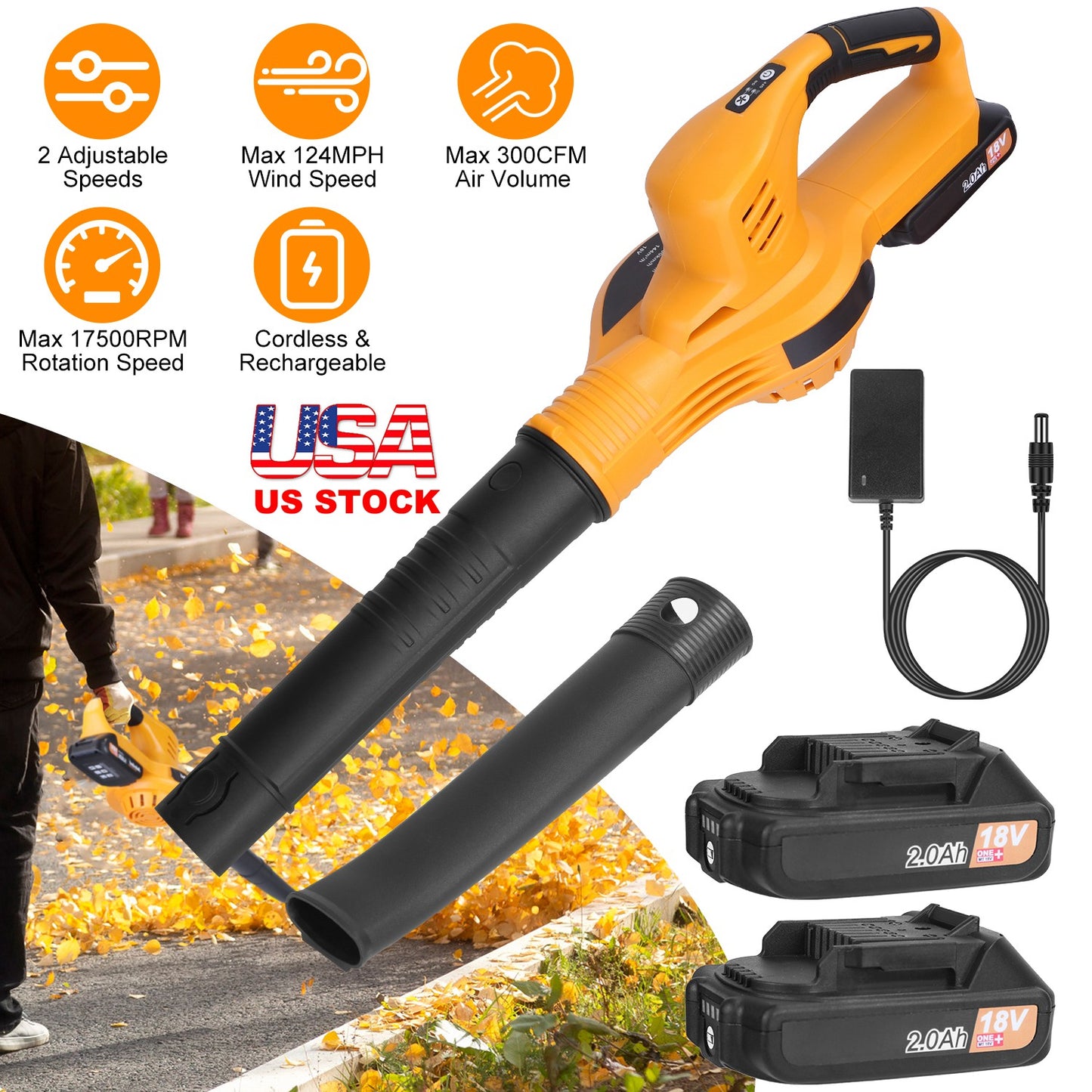 Cordless Leaf Blower 124MPH with 2 Batteries & Charger