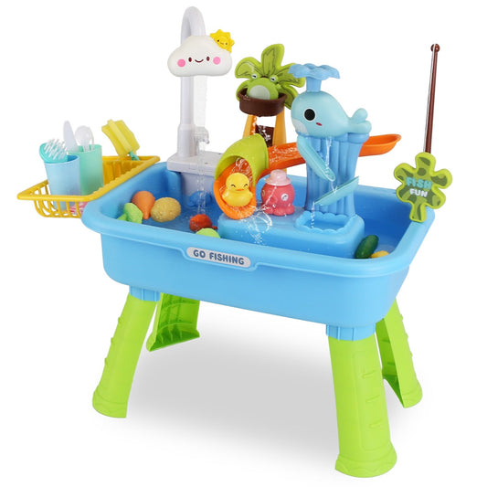 3 In 1 Kitchen Sink Toy with Electric Faucet Water Table Fishing Game Role Play Sink Set Indoor Outdoor for Kids Aged 3+ Years Old