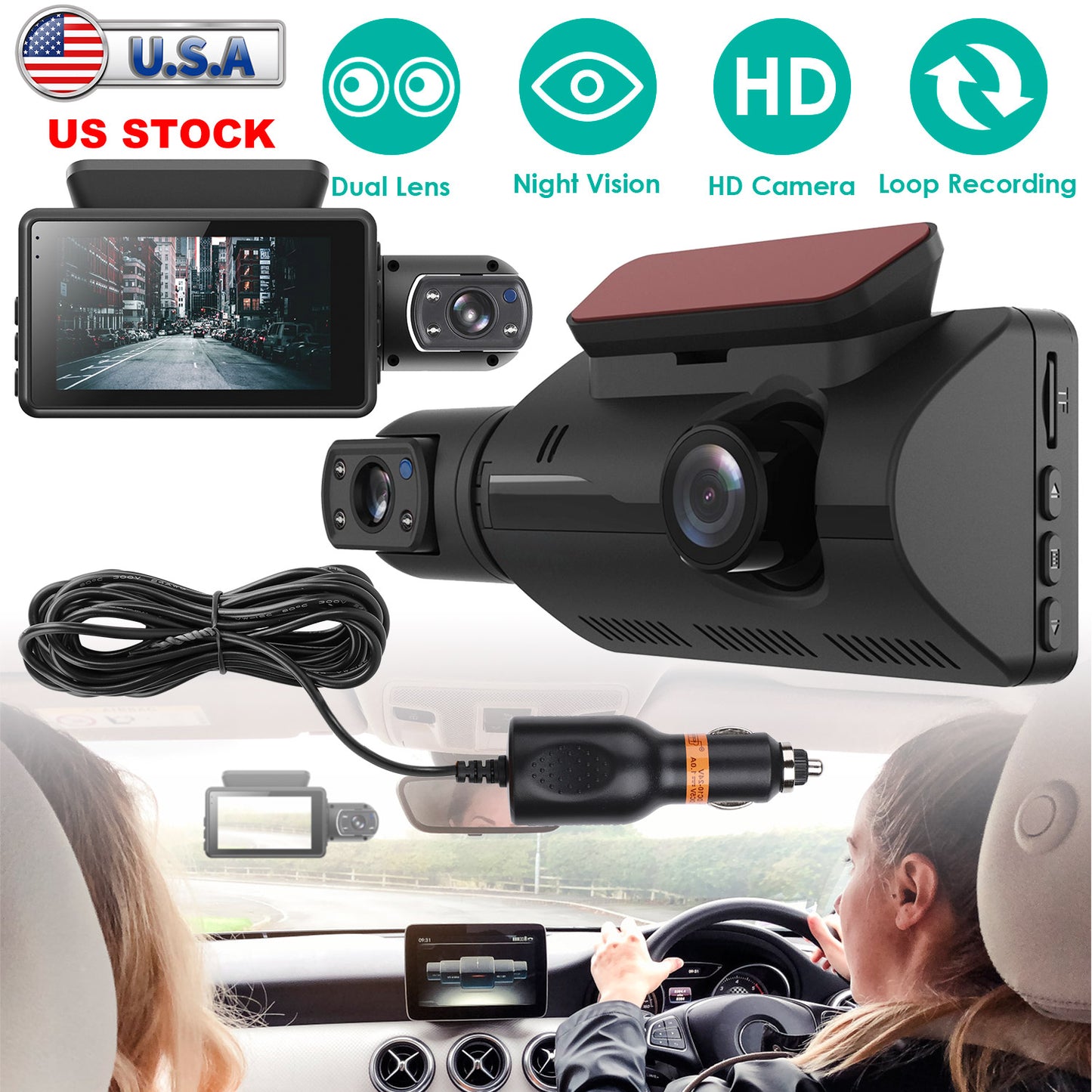 Dual Lens Dash Cam 720P Front & Interior Night Vision Camera