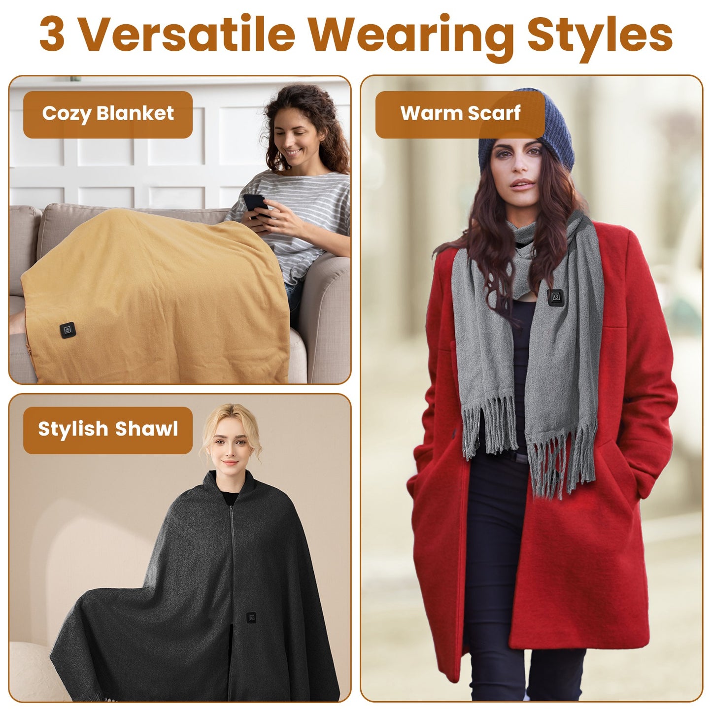 USB Heated Shawl with 3 Heat Levels and Zipper