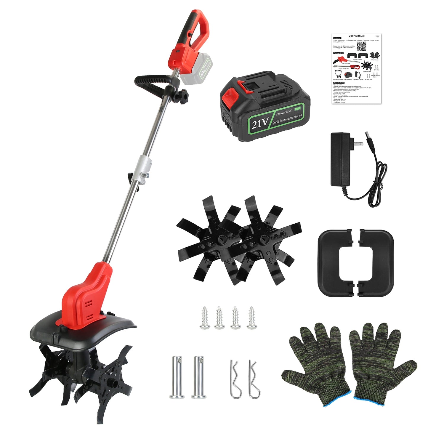 21V Cordless Electric Tiller Cultivator with 4 Blades