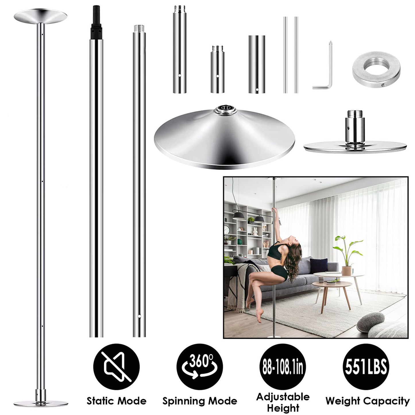 Dance Pole 45mm Spinning & Static Adjustable 88-108in