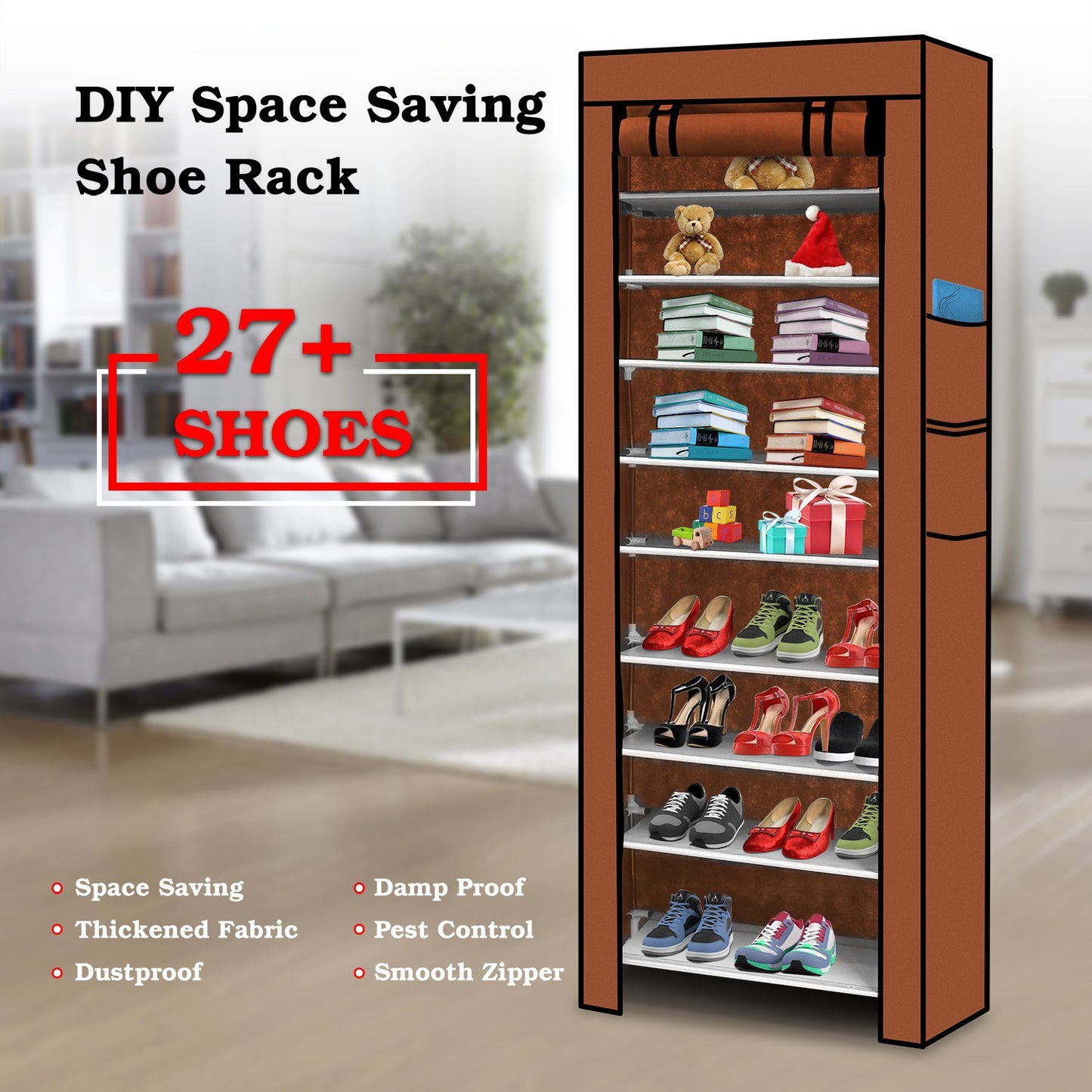 10-Tier Shoe Rack with Dustproof Cover - Holds 27 Pairs