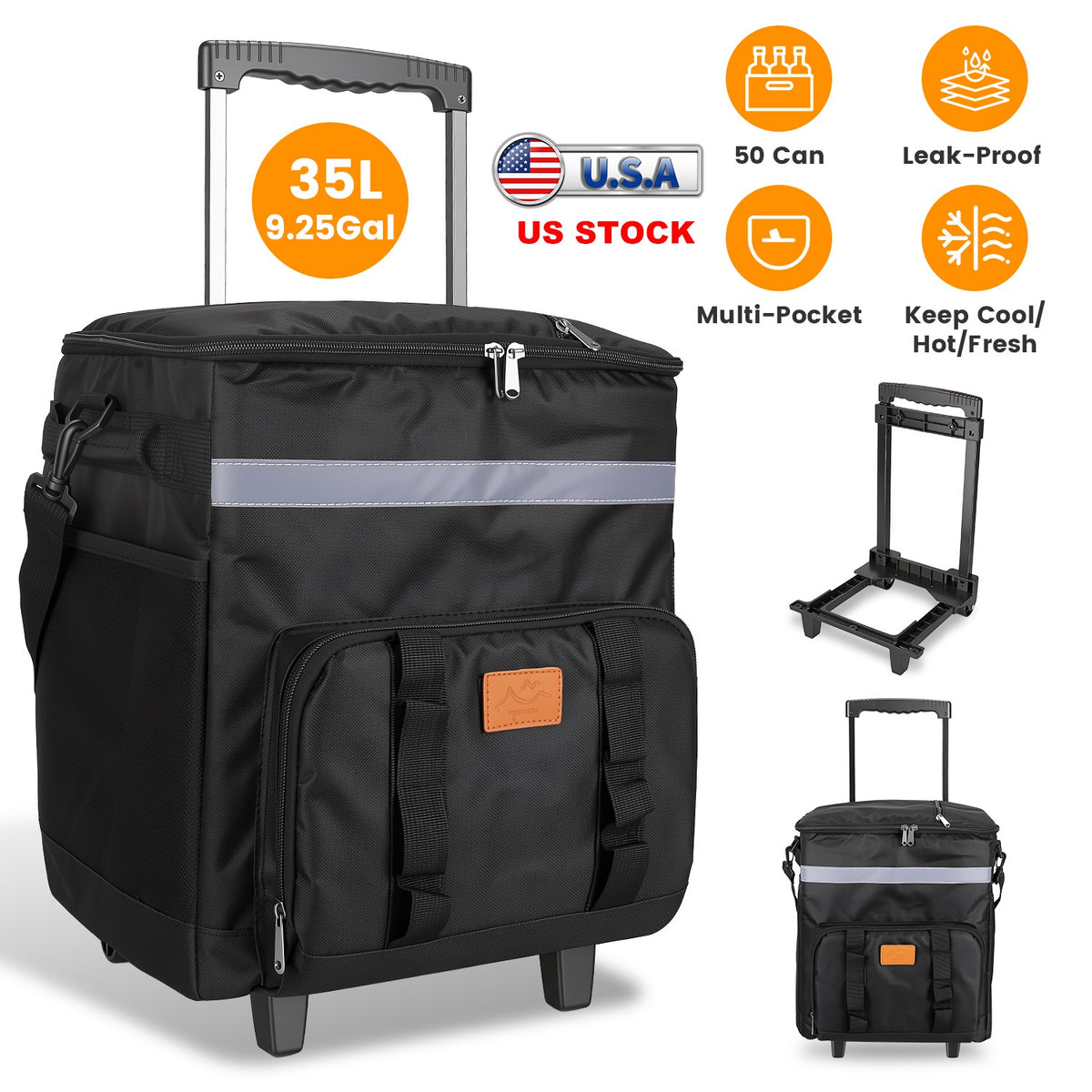 Portable Rolling Cooler Bag with Wheels and Side Handles Shoulder Strap 35L 50 Can Collapsible Insulated Leakproof Coole