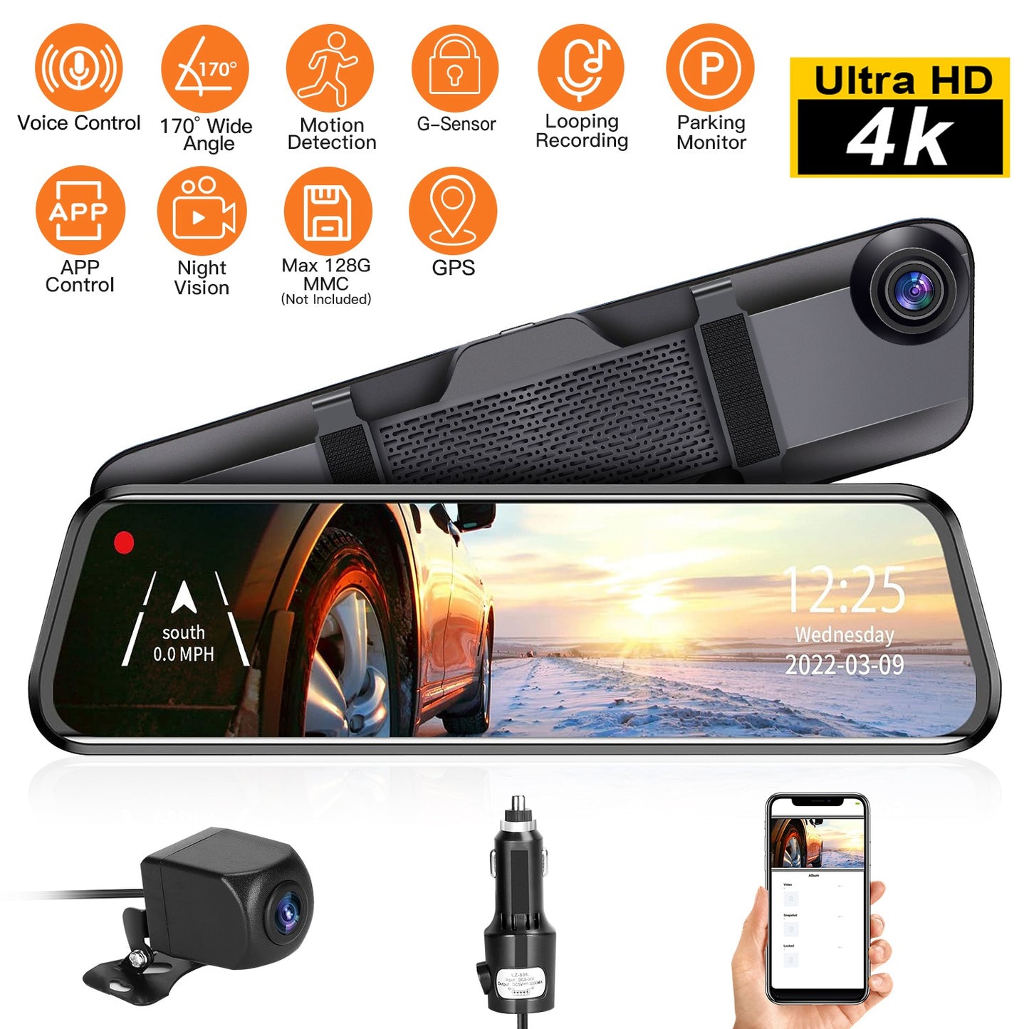 12-Inch Dual Lens Dash Cam with 4K Front & Rear Camera