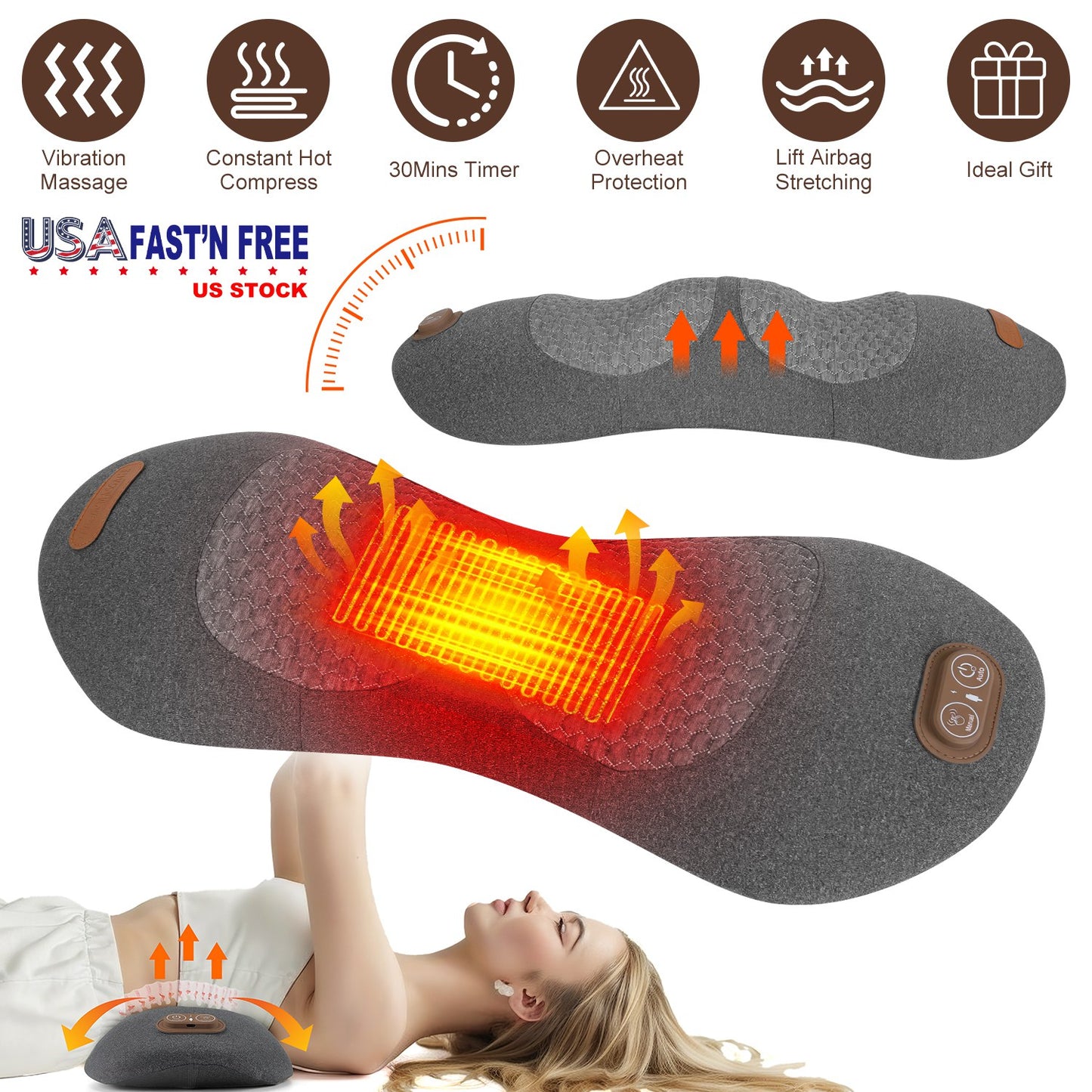 Electric Lumbar Massager Pillow with Heat & Vibration