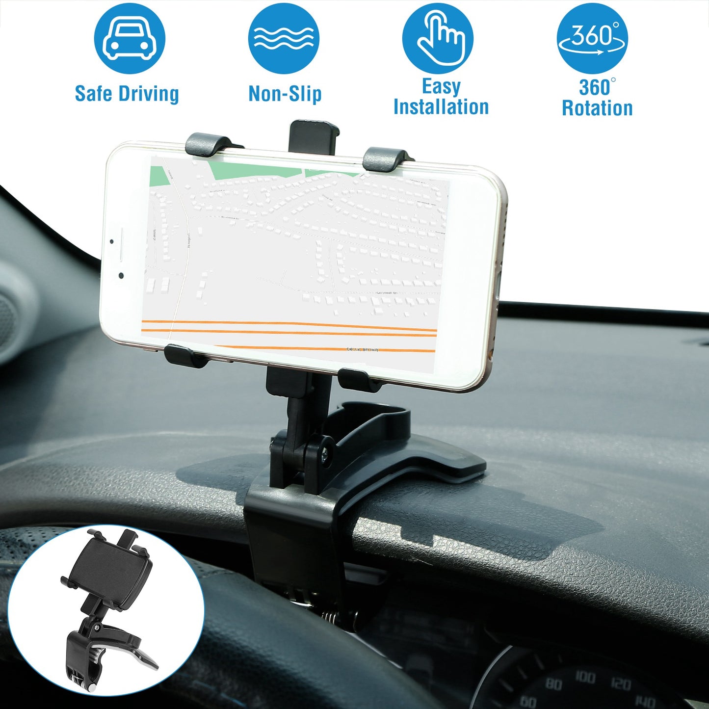 Dashboard Phone Holder with 360° Rotation for 3-7 Inch Phones