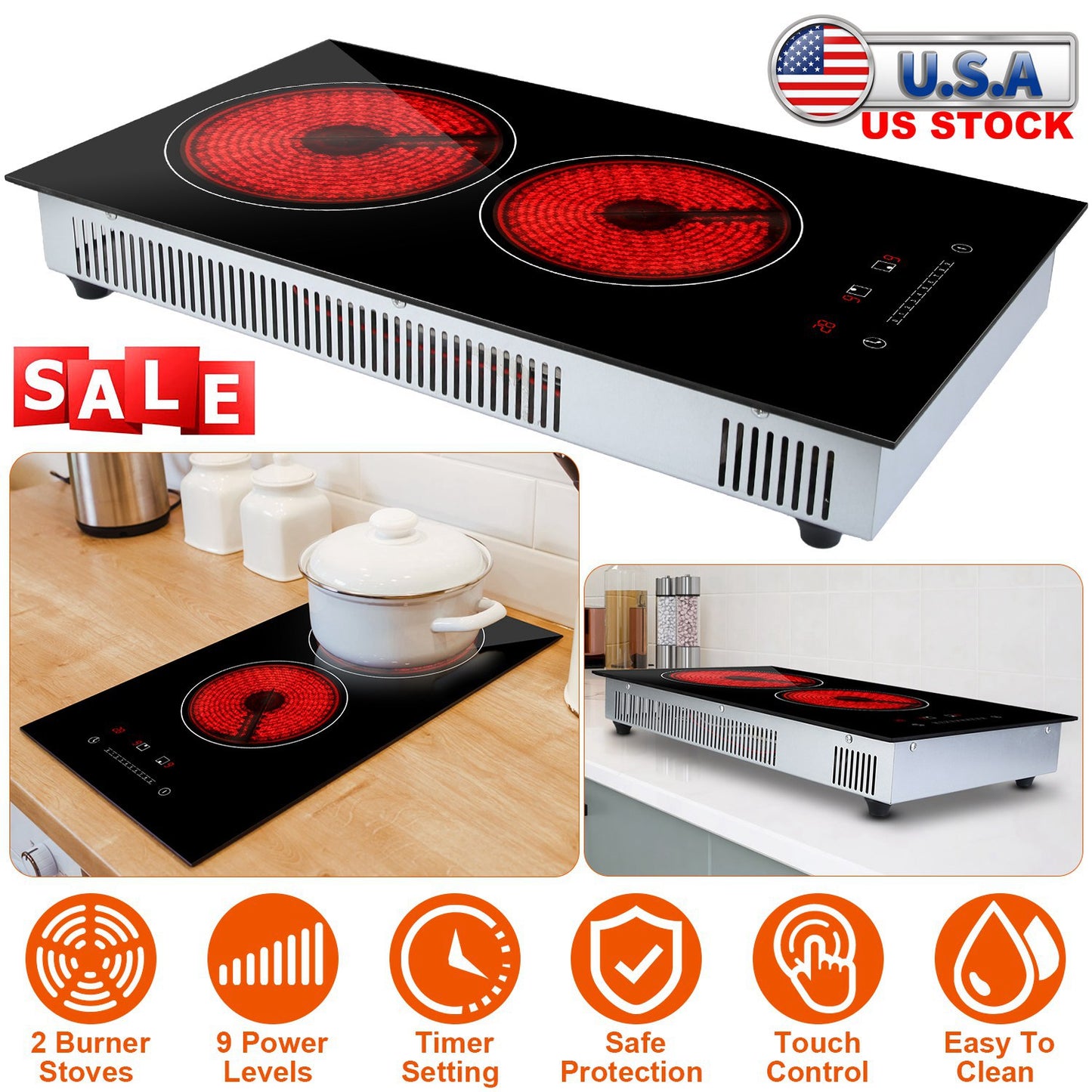 Dual Induction Electric Cooktop 1900W with Timer & 9 Power Levels