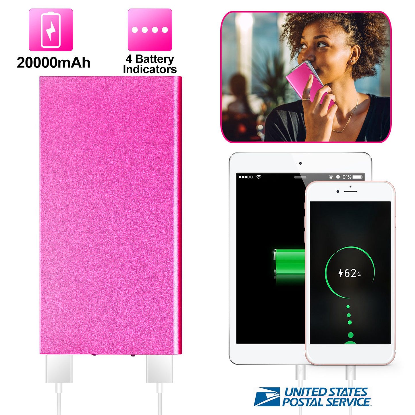 20000mAh Power Bank Dual USB Ports Ultra-Thin Portable Charger