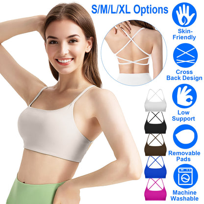 Women Cross Back Sport Bras Padded Strappy Crop Open Back Low Impact Bras Sexy Fitness Tank Tops with Removable Pads Thin Straps for Gym Yoga Workout