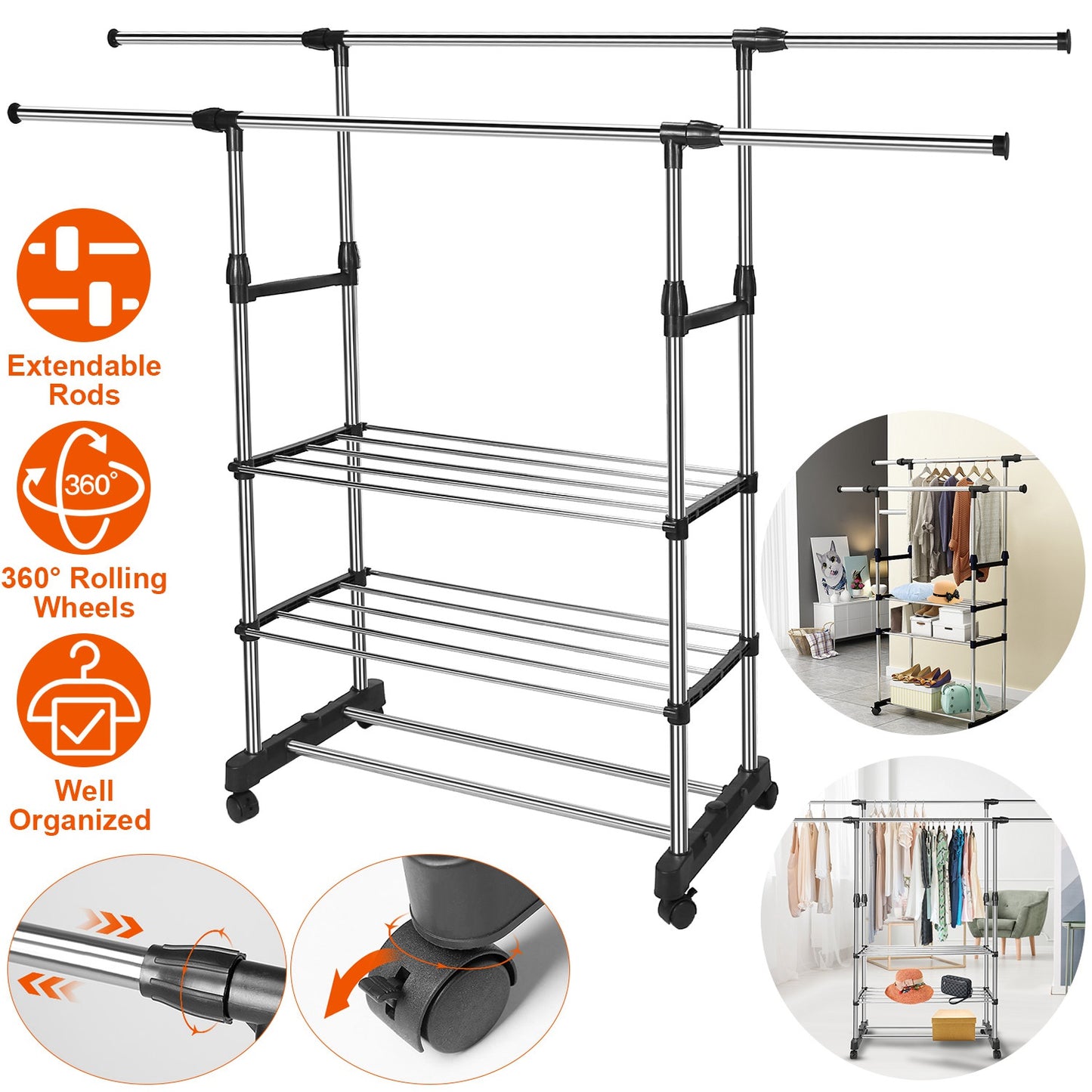 Extendable Garment Rack with Wheels - Adjustable Clothing Rail